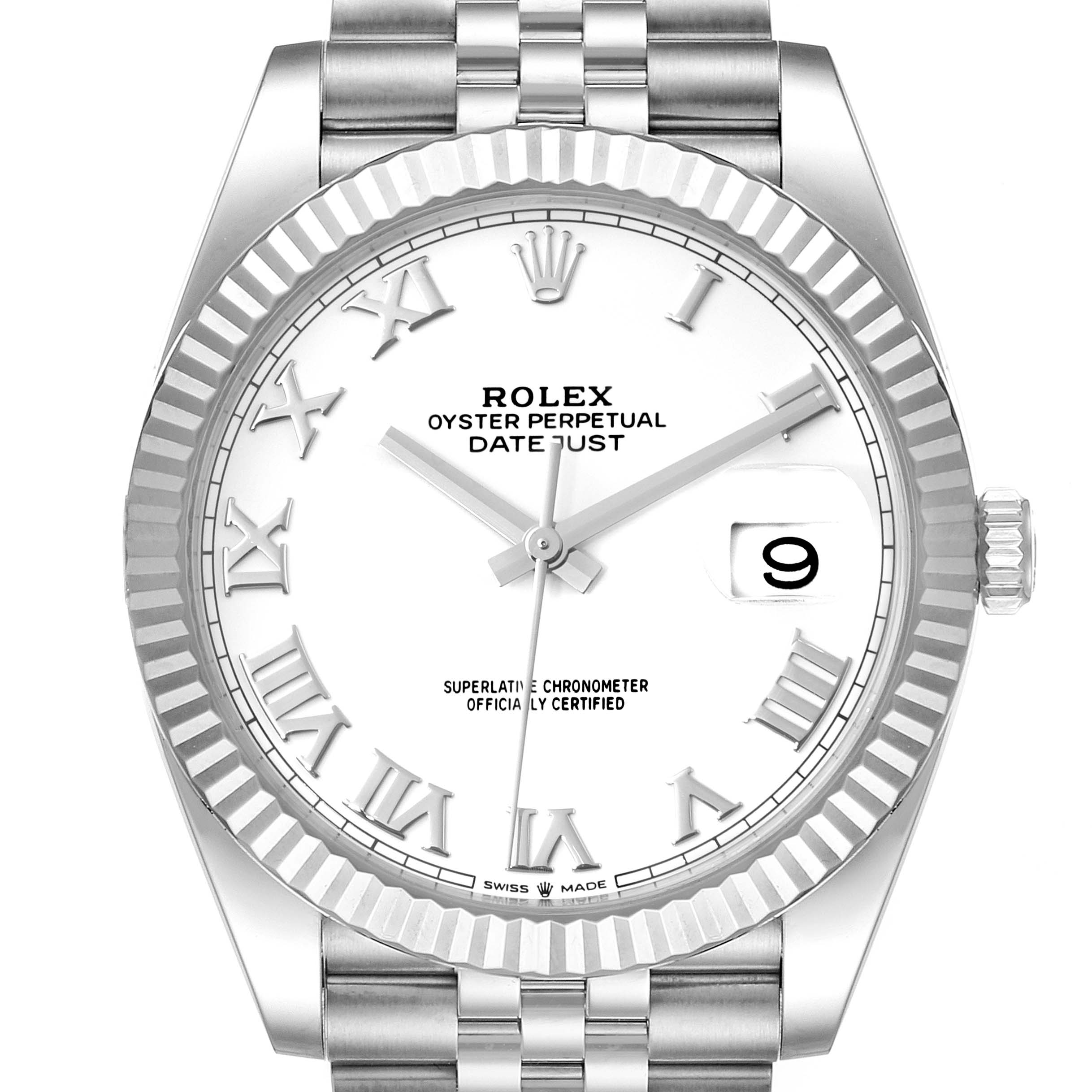 The image shows a front view of the Rolex Datejust 41 126334 Men
s Stainless Steel White Dial 126334 Men
s Stainless Steel White Dial watch, displaying its dial, bezel, and part of the bracelet.