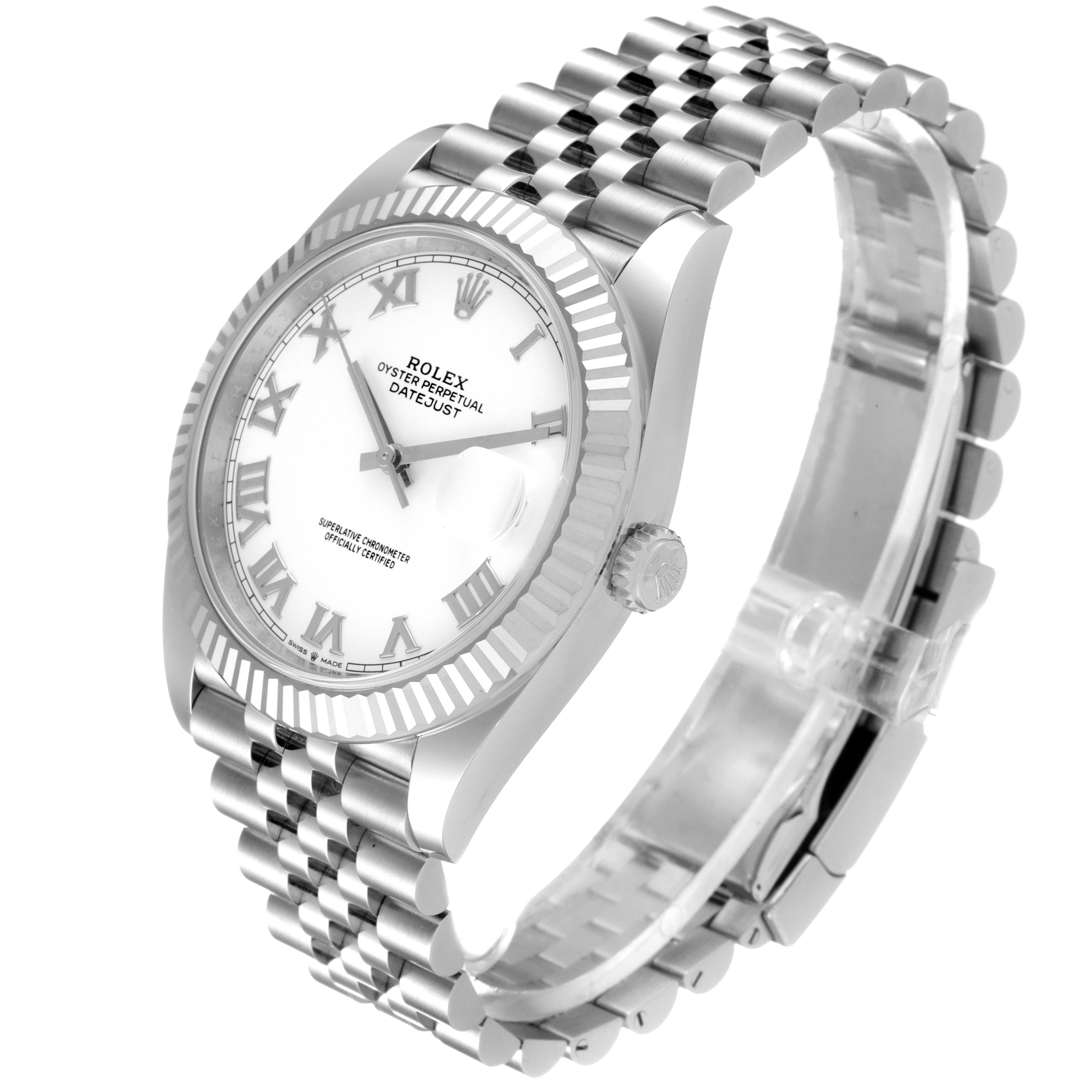 The image shows a side-angled view of a Rolex Datejust 41 126334 Men
s Stainless Steel White Dial 126334 Men
s Stainless Steel White Dial watch, displaying the dial, bezel, and the bracelet.