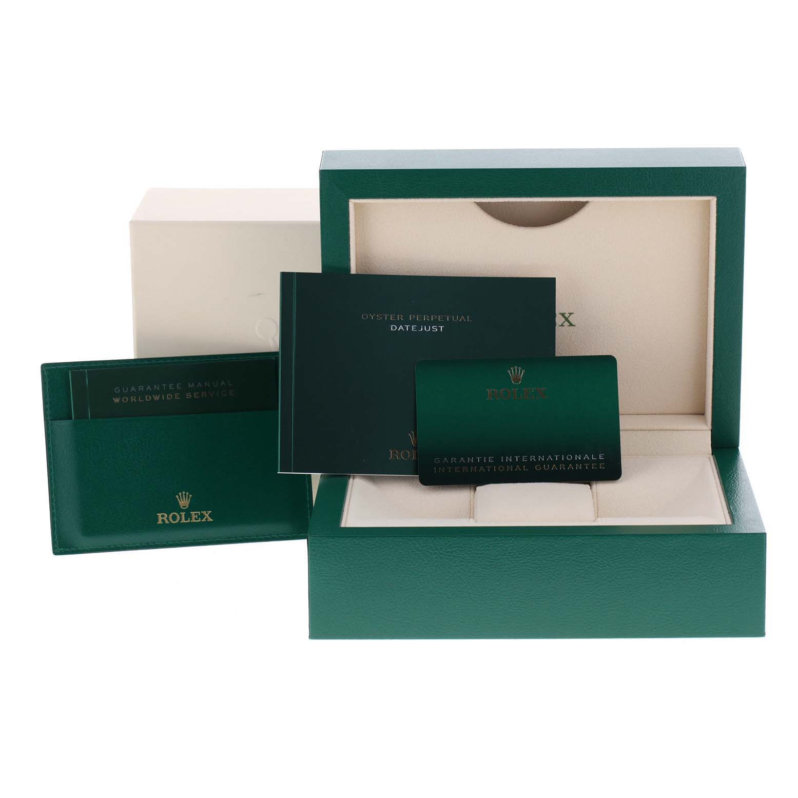 The image shows the packaging, international guarantee card, and manual for the Datejust 41 model by Rolex.