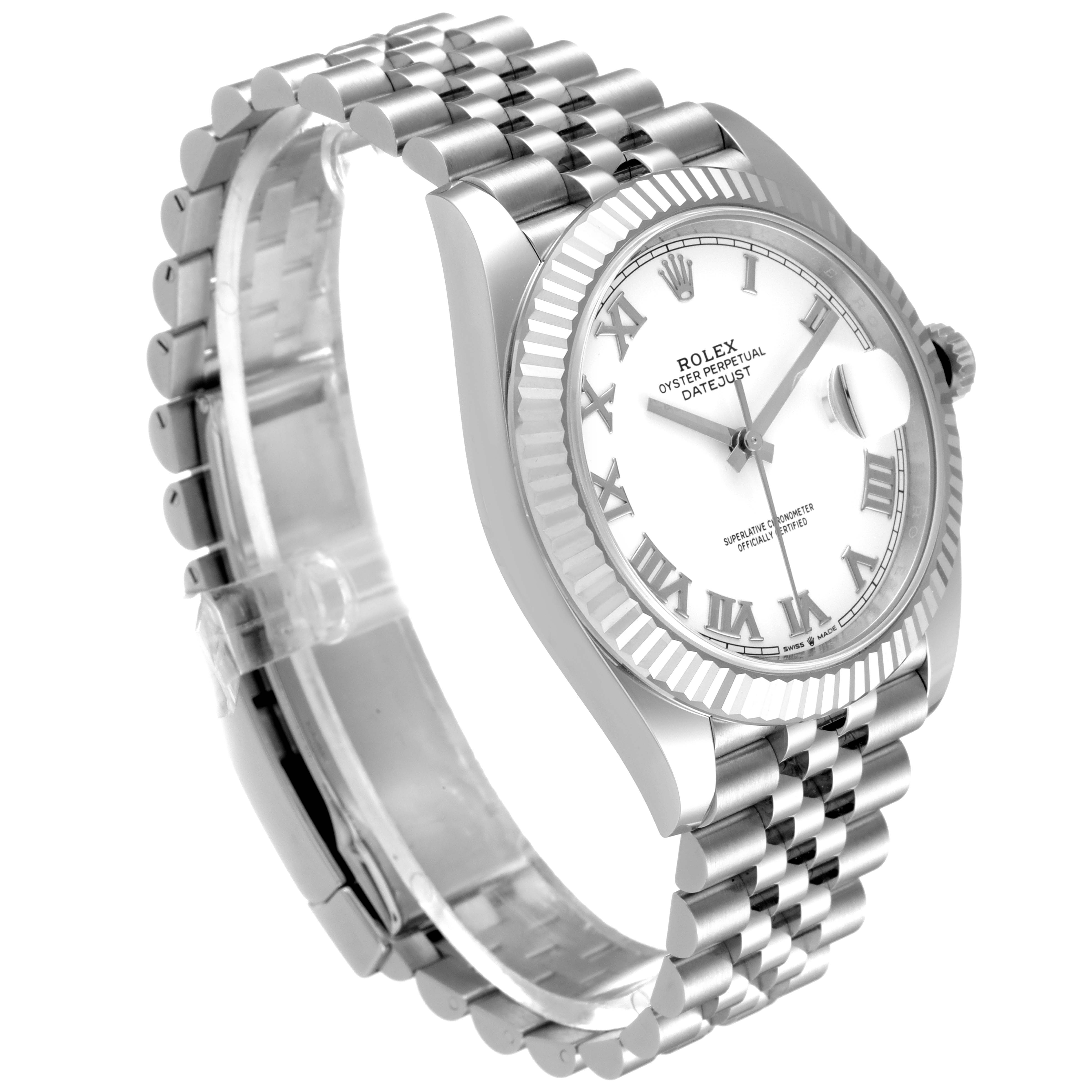 The Rolex Datejust 41 126334 Men
s Stainless Steel White Dial 126334 Men
s Stainless Steel White Dial watch is shown at a three-quarter angle, showcasing the face, bezel, case, and bracelet.