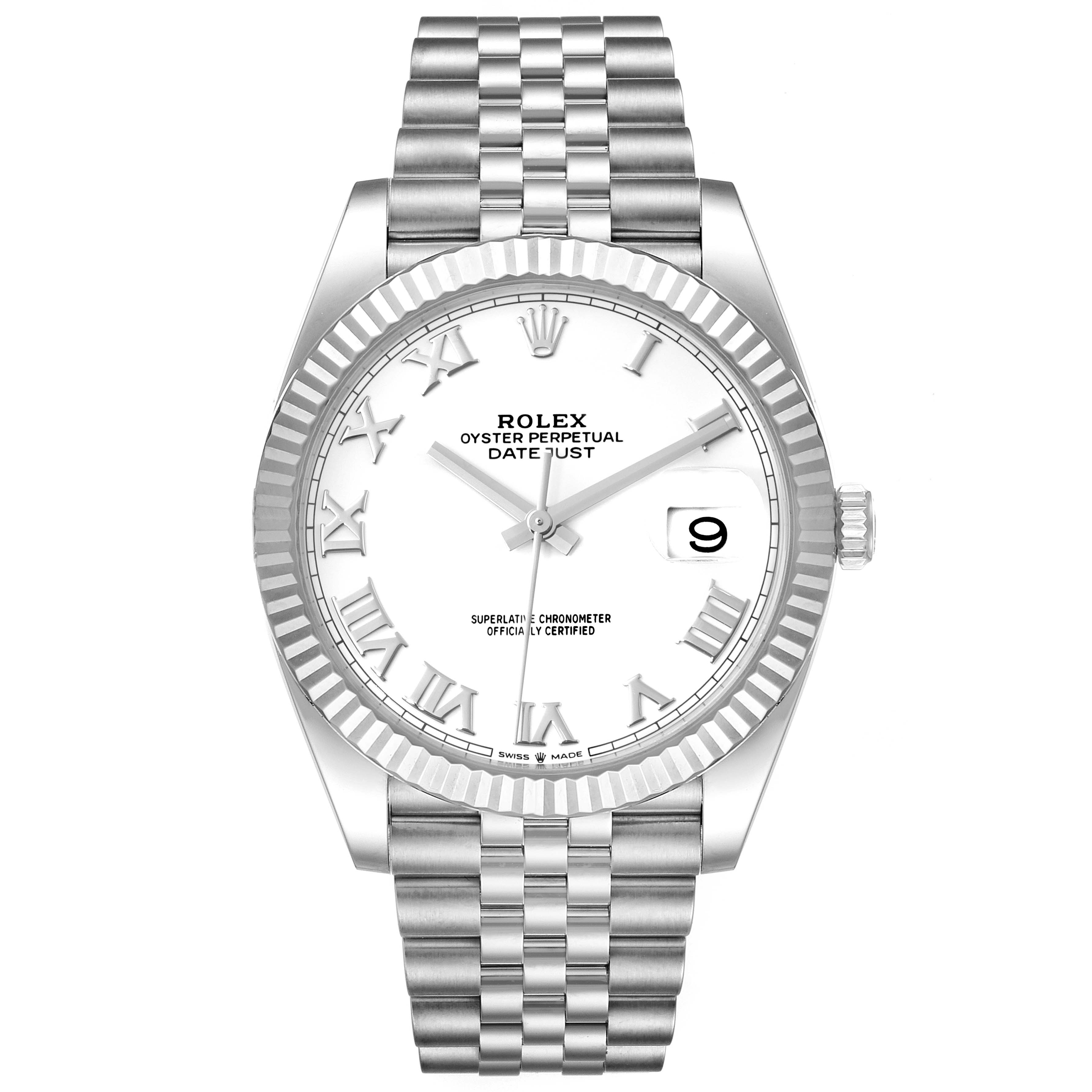 The image shows a frontal view of a Rolex Datejust 41 126334 Men
s Stainless Steel White Dial 126334 Men
s Stainless Steel White Dial watch, featuring a silver bracelet, white dial, and a fluted bezel.