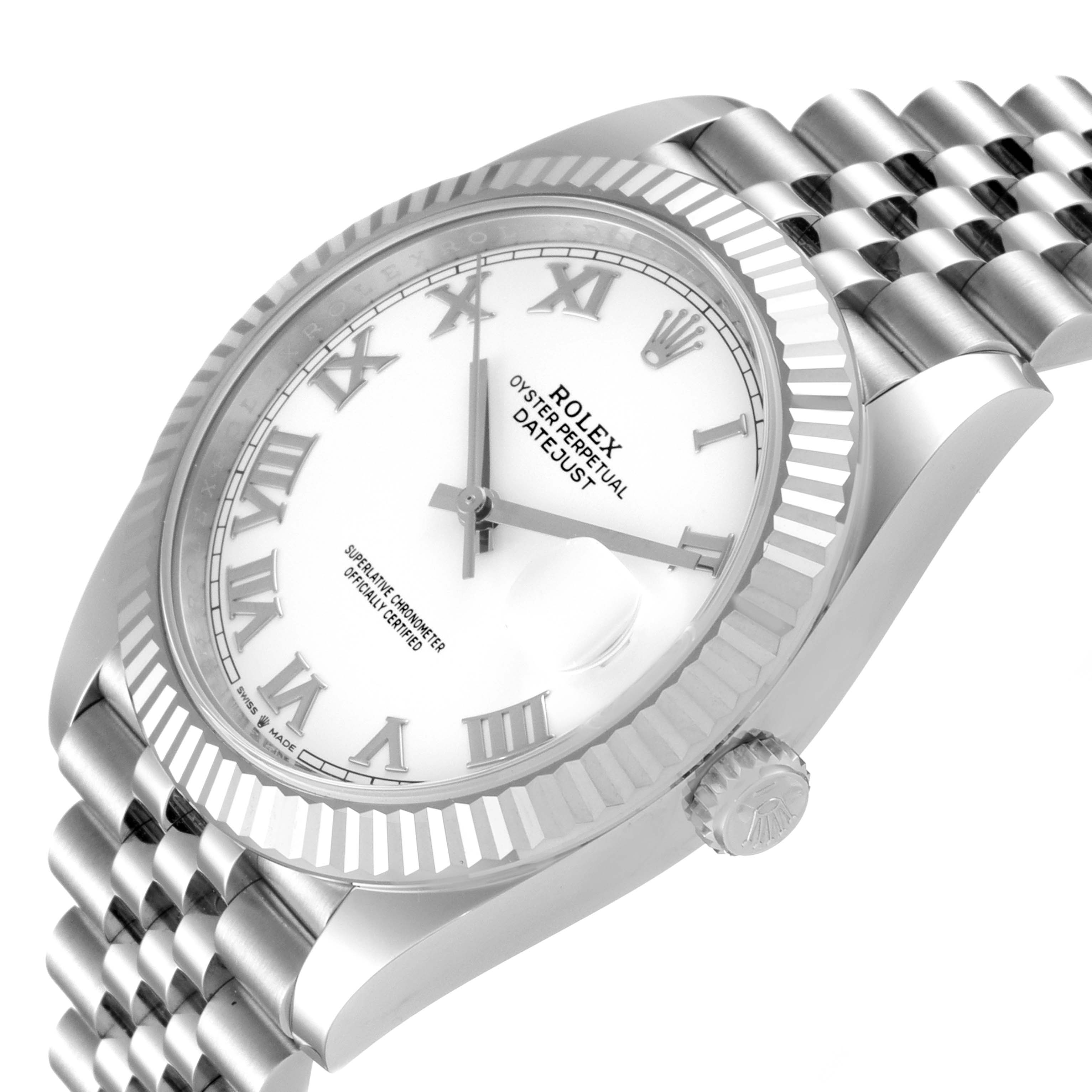 The Rolex Datejust 41 126334 Men
s Stainless Steel White Dial 126334 Men
s Stainless Steel White Dial is shown at an angled top-down front view, highlighting the dial, bezel, and part of the bracelet.