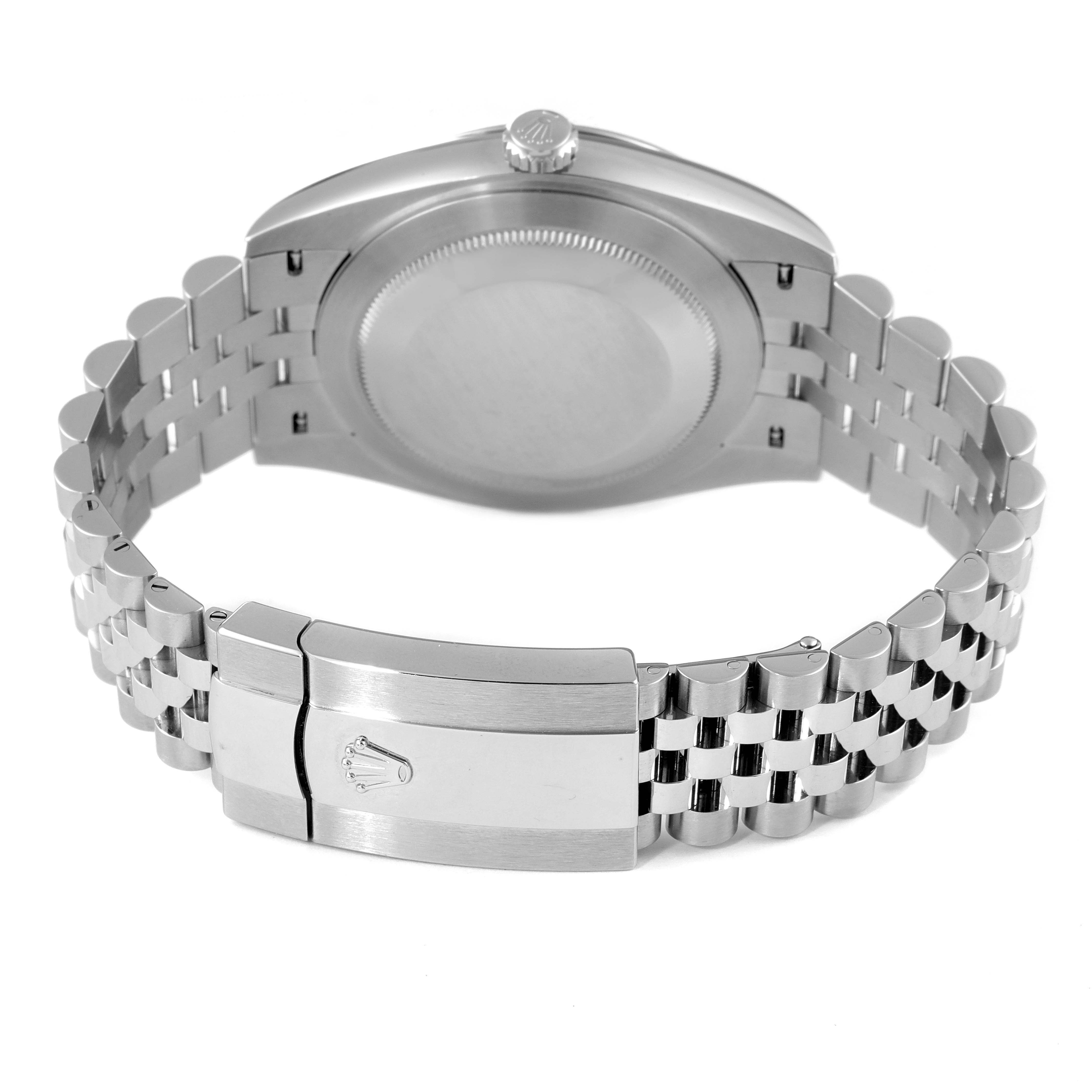 This image shows the back of a Rolex Datejust 41 126334 Men
s Stainless Steel White Dial 126334 Men
s Stainless Steel White Dial watch, highlighting the case, crown, and Jubilee bracelet with a clasp.