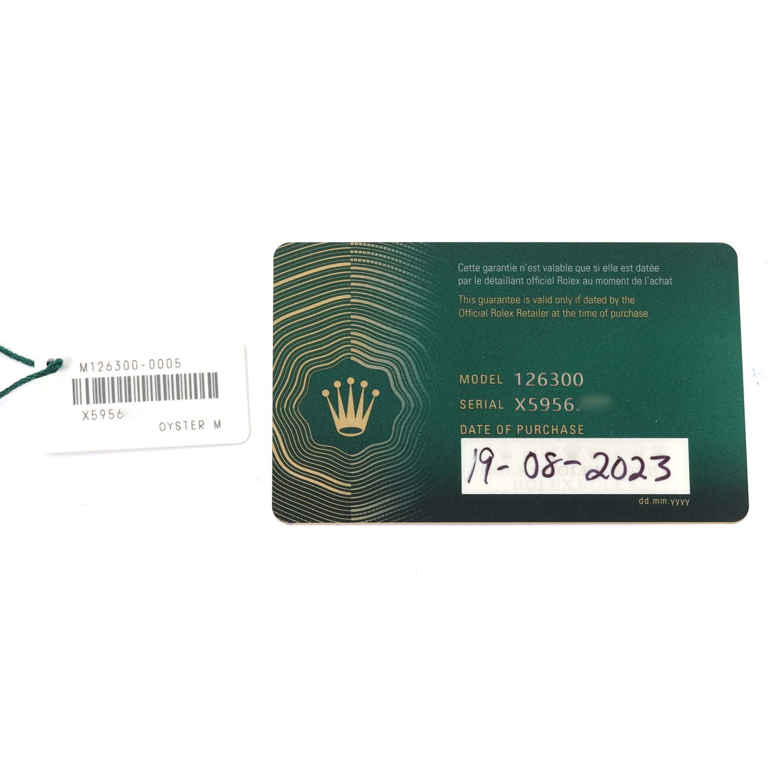 The image shows the warranty card and the hang tag of a Rolex Datejust 41 126300 Men's Stainless Steel White Dial 126300 Men's Stainless Steel White Dial model.