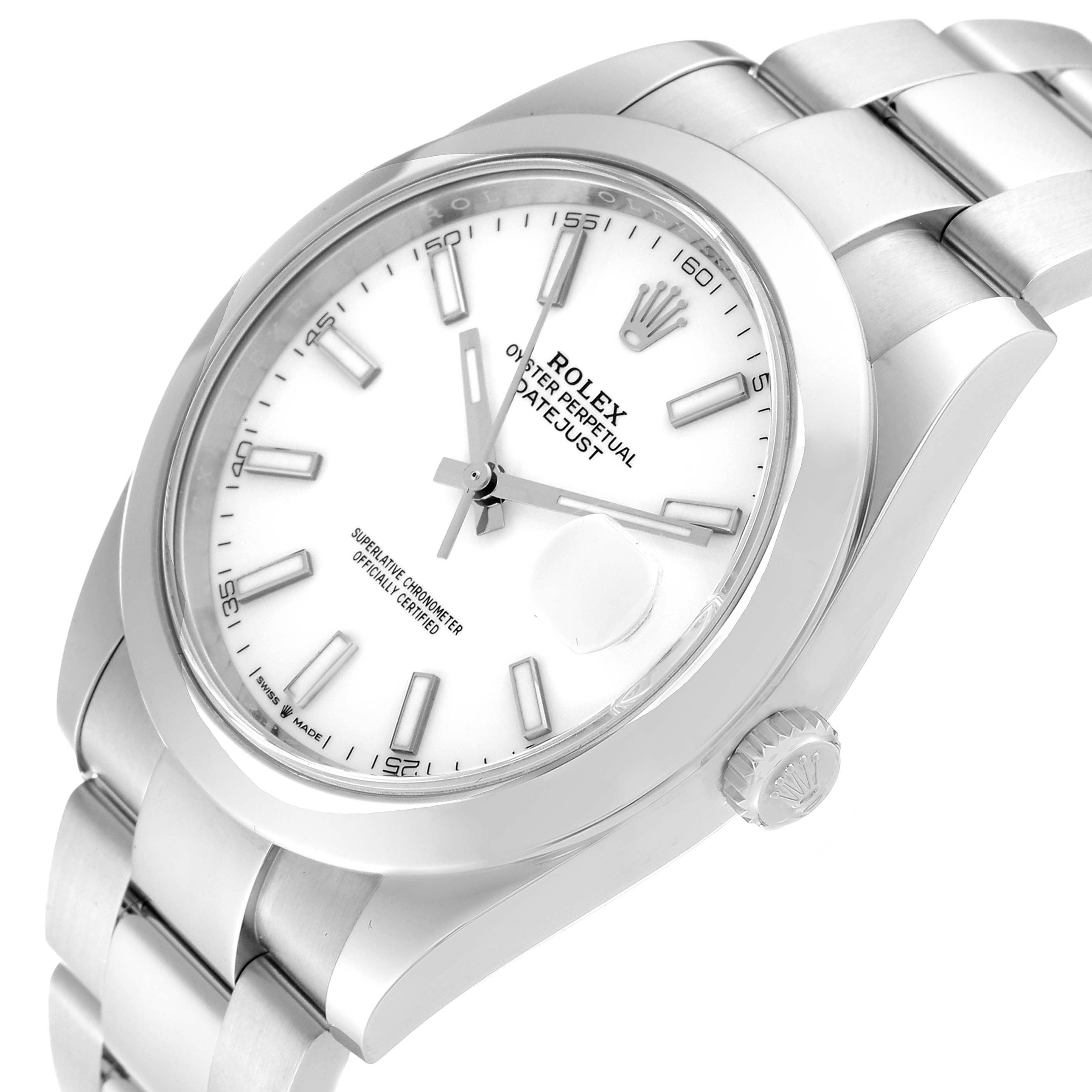 This image shows a Rolex Datejust 41 126300 Men's Stainless Steel White Dial 126300 Men's Stainless Steel White Dial watch at an angle highlighting its face, bracelet, and crown.