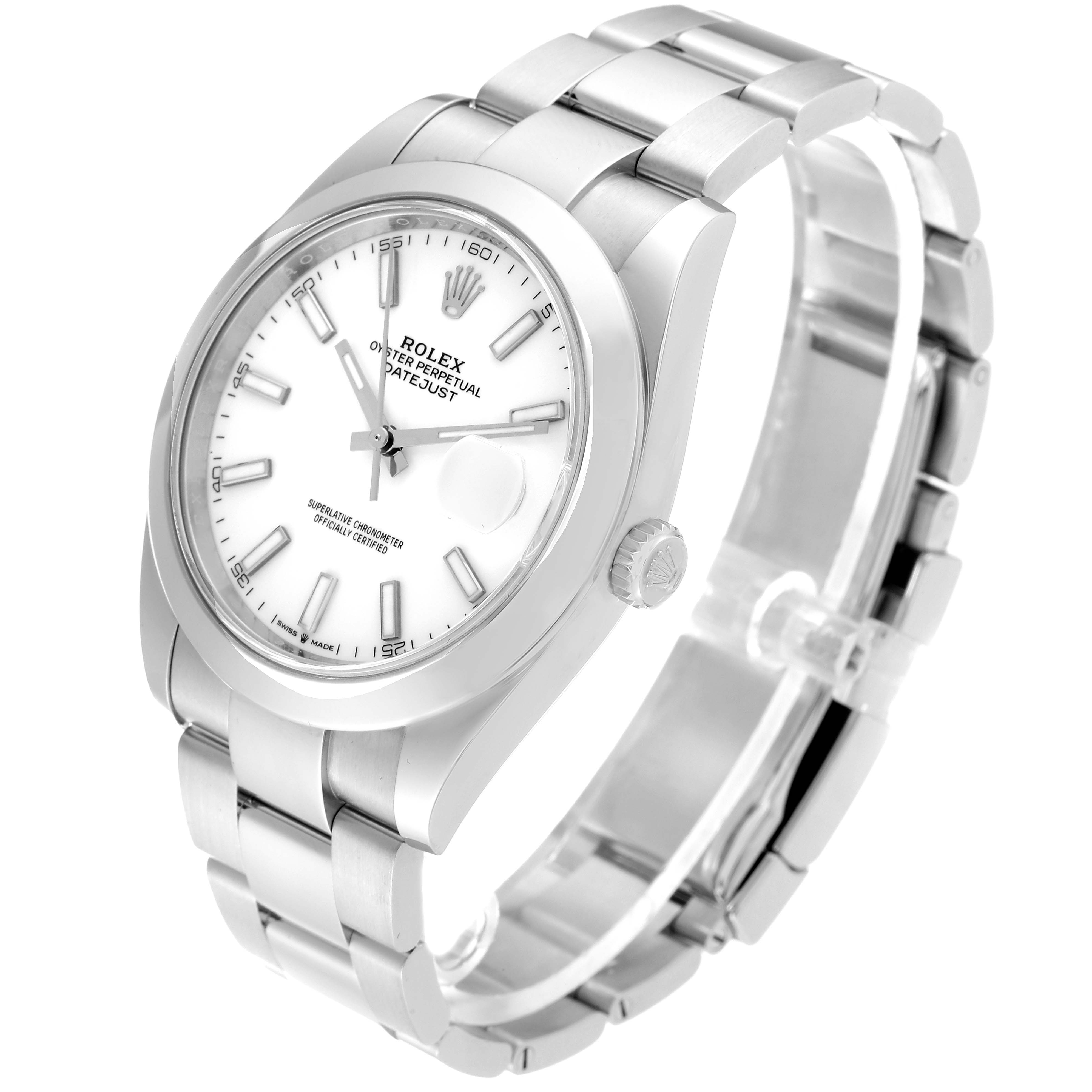 The Rolex Datejust 41 126300 Men's Stainless Steel White Dial 126300 Men's Stainless Steel White Dial watch is shown from an angled front-left view, highlighting the face, bezel, and part of the bracelet.