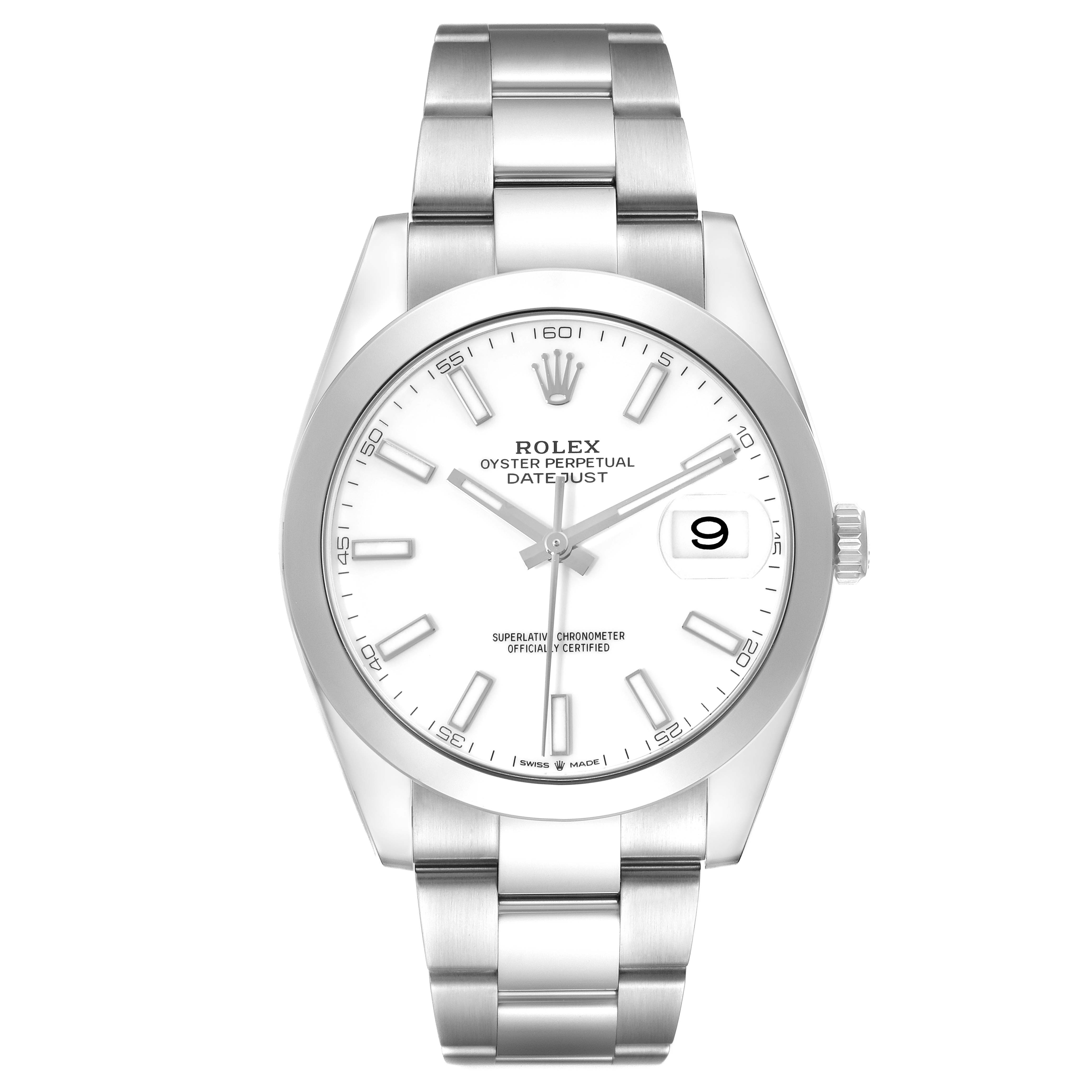 The image shows a Rolex Datejust 41 126300 Men's Stainless Steel White Dial 126300 Men's Stainless Steel White Dial watch from a front angle, highlighting its white dial, date function, and metal bracelet.