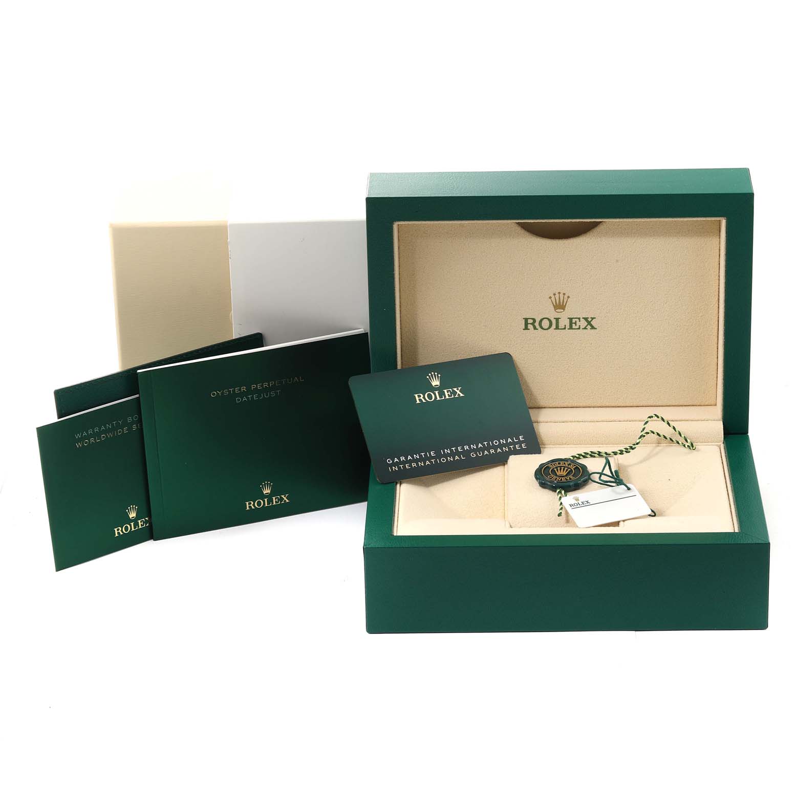The image shows the packaging, warranty booklets, and international guarantee card for a Rolex Datejust 41 126300 Men's Stainless Steel White Dial 126300 Men's Stainless Steel White Dial watch.