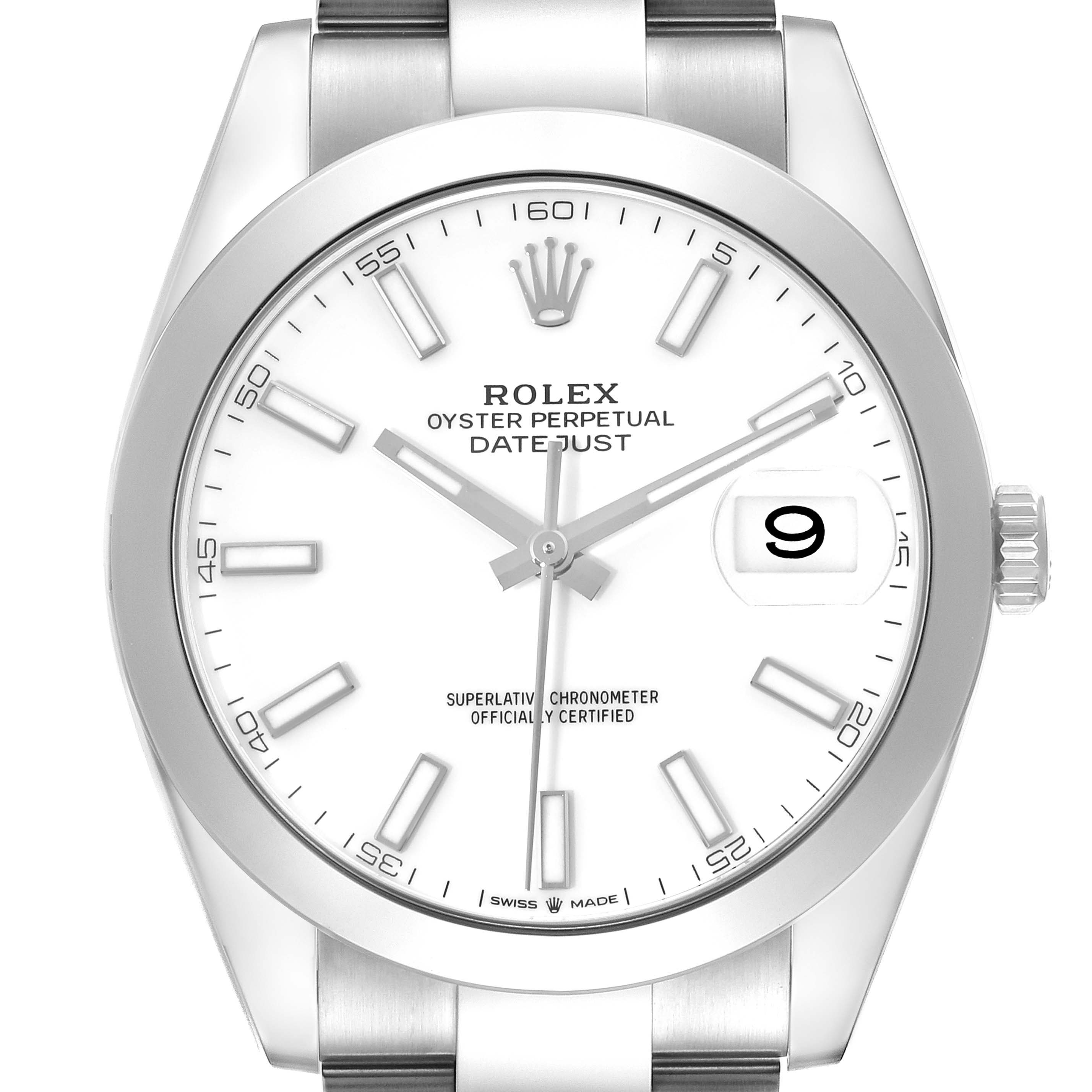 This image shows a frontal view of the Rolex Datejust 41 126300 Men's Stainless Steel White Dial 126300 Men's Stainless Steel White Dial watch, highlighting its dial, bezel, and part of the bracelet.