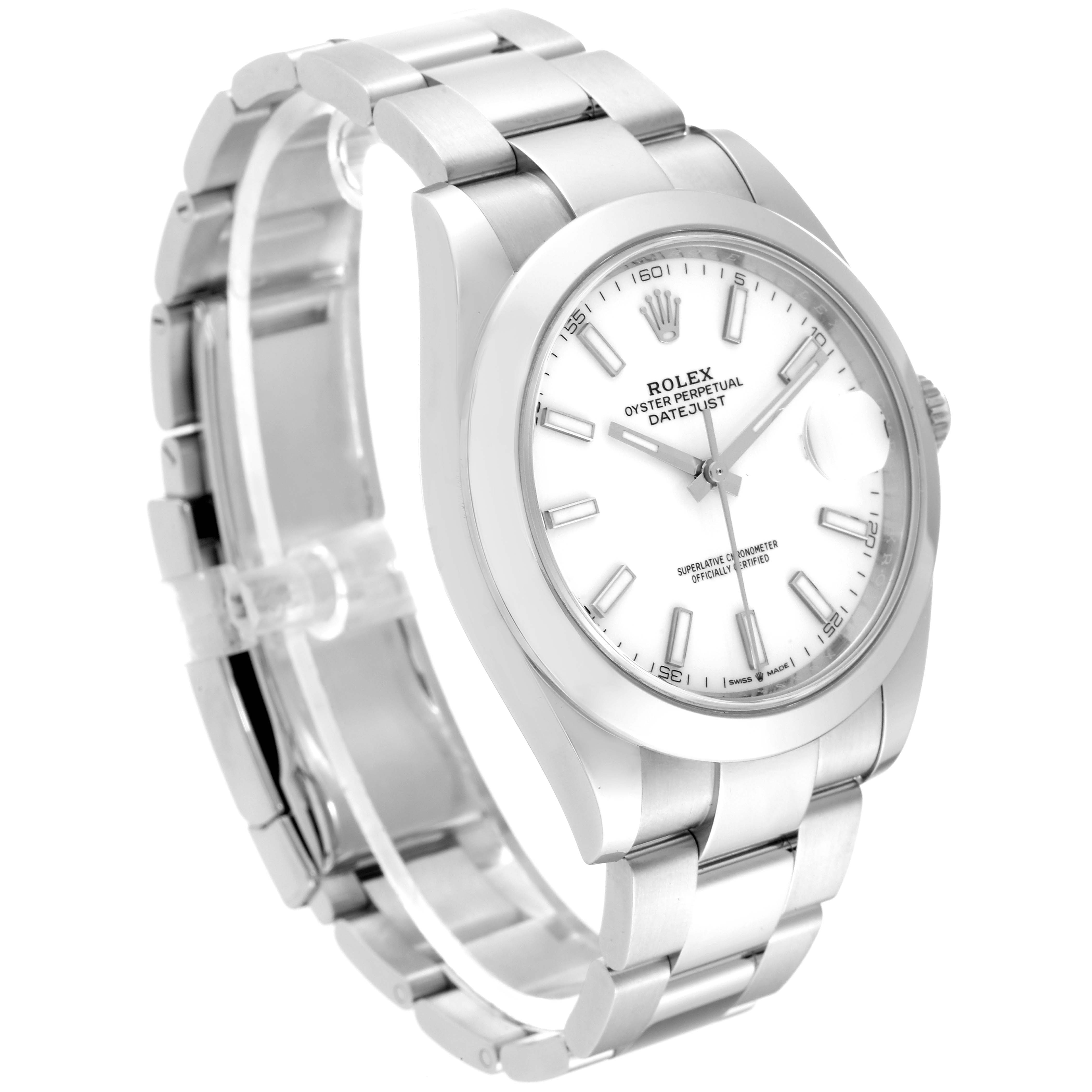 The Rolex Datejust 41 126300 Men's Stainless Steel White Dial 126300 Men's Stainless Steel White Dial watch is shown at a three-quarter angle, highlighting the dial, bezel, and bracelet.