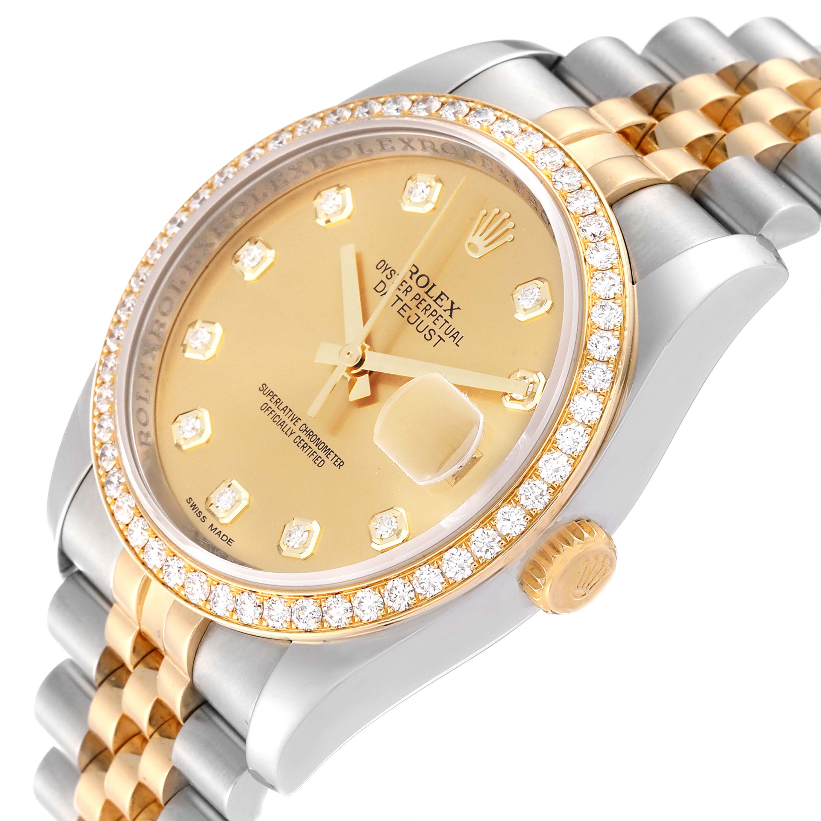 The image shows a close-up, angled view of a Rolex Datejust 116243 Men's Steel and Gold (two tone) Champagne Dial 116243 Men's Steel and Gold (two tone) Champagne Dial watch with a gold dial, diamond markers, and a two-tone bracelet.