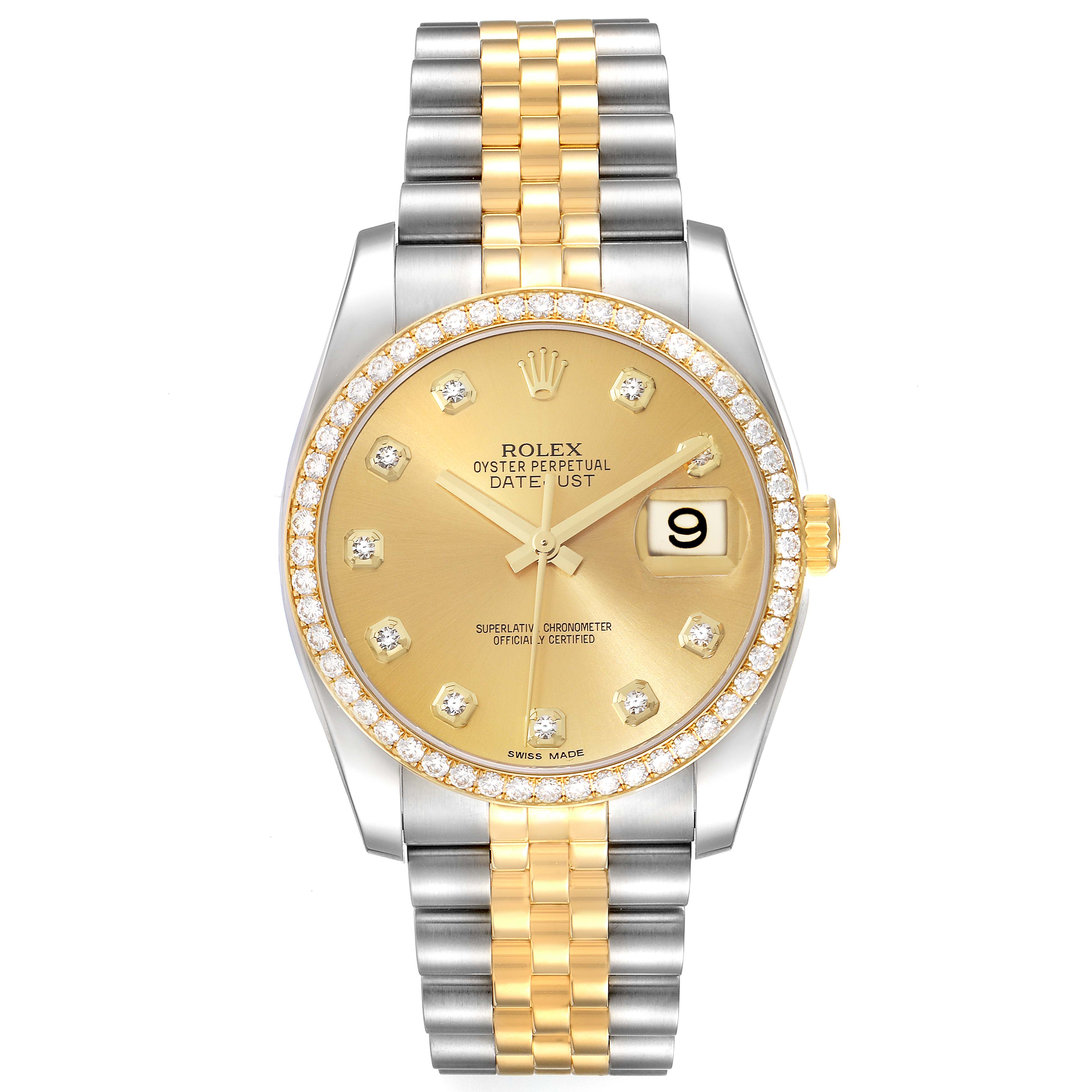 The image shows a Rolex Datejust 116243 Men's Steel and Gold (two tone) Champagne Dial 116243 Men's Steel and Gold (two tone) Champagne Dial watch from a top view, highlighting its dial, bezel, and two-tone bracelet.