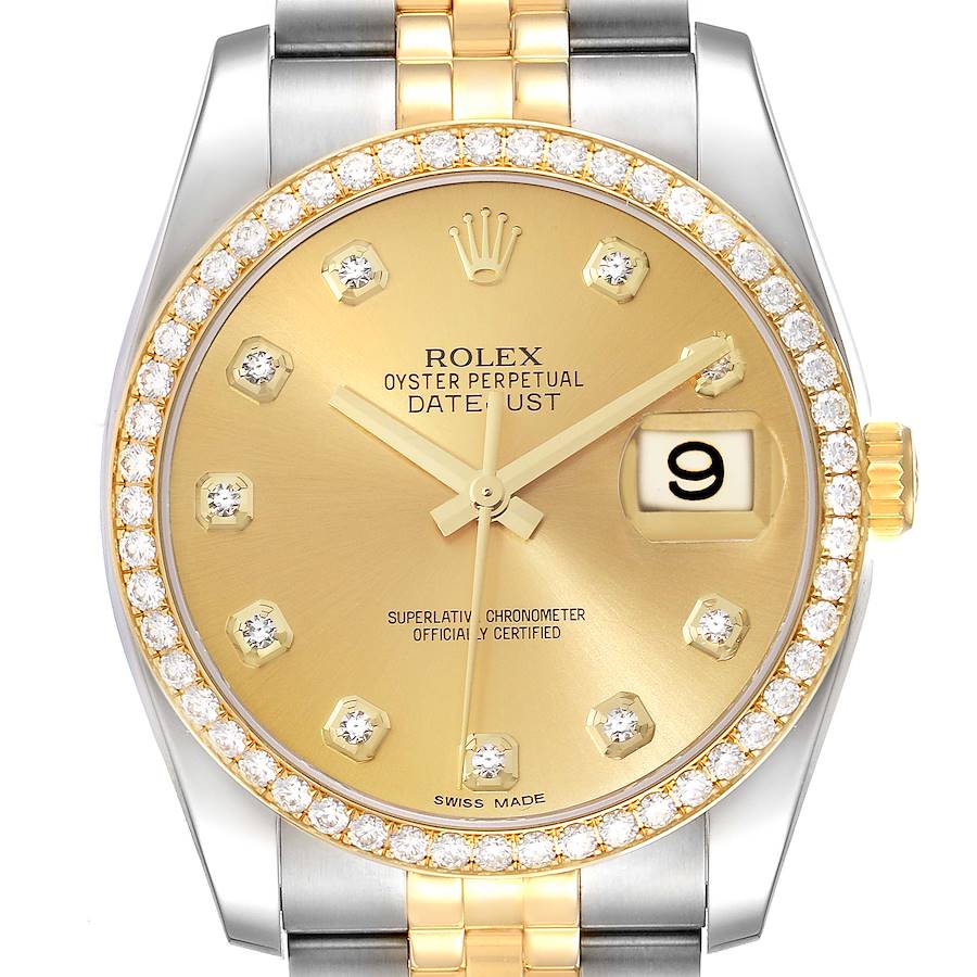 The image shows a frontal view of the Rolex Datejust watch, highlighting its gold dial, diamond bezel, and two-tone bracelet.