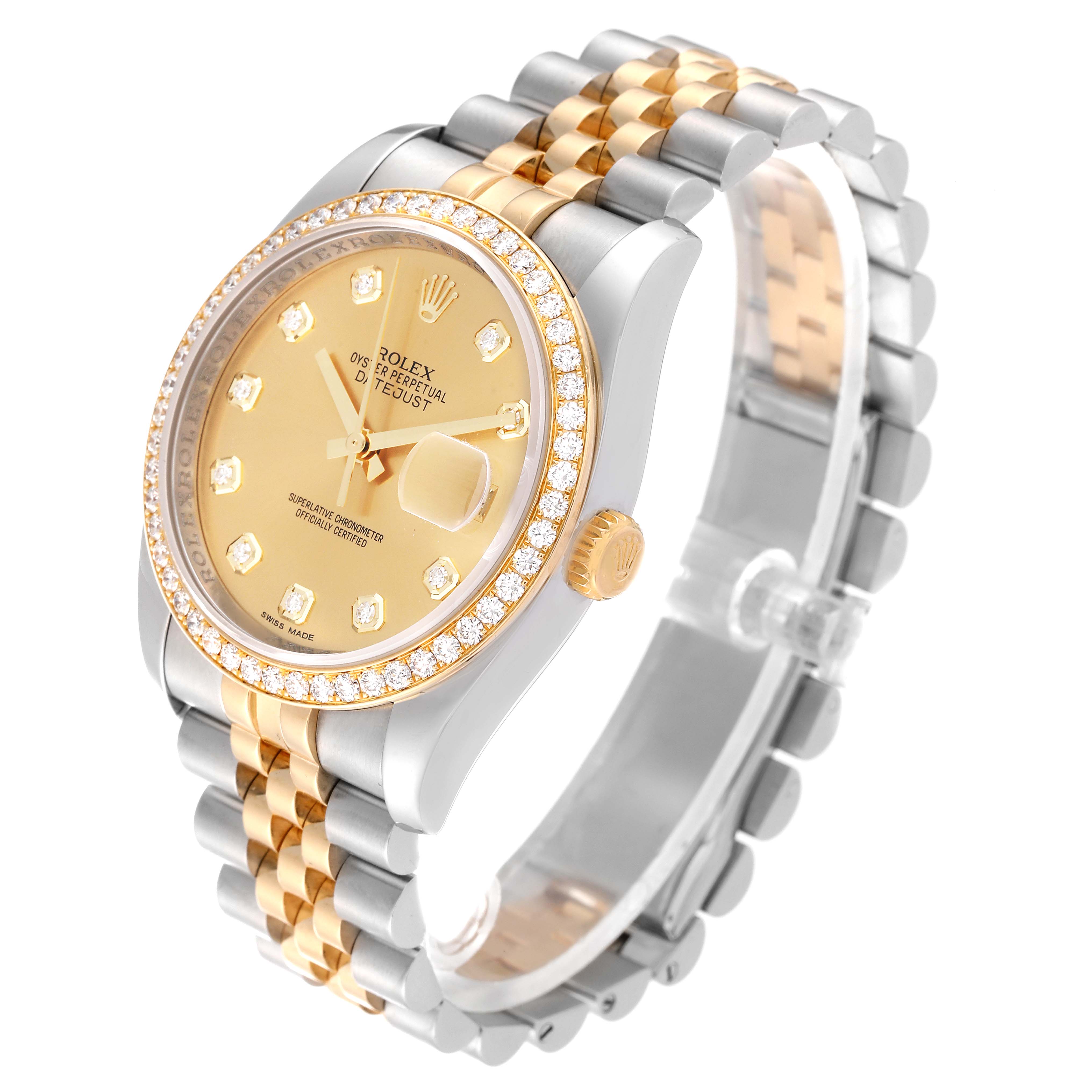 The image shows a Rolex Datejust 116243 Men's Steel and Gold (two tone) Champagne Dial 116243 Men's Steel and Gold (two tone) Champagne Dial watch at a three-quarter angle, displaying its bezel, crown, dial, and two-tone bracelet.