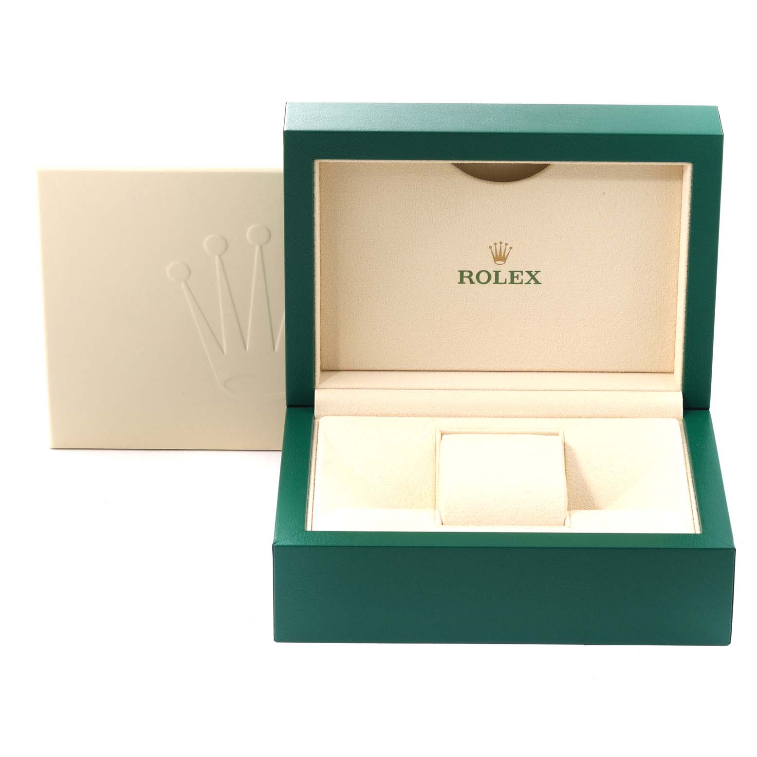 This image shows the open box for the Rolex Datejust 116243 Men's Steel and Gold (two tone) Champagne Dial 116243 Men's Steel and Gold (two tone) Champagne Dial model, featuring the Rolex logo inside and a green exterior.