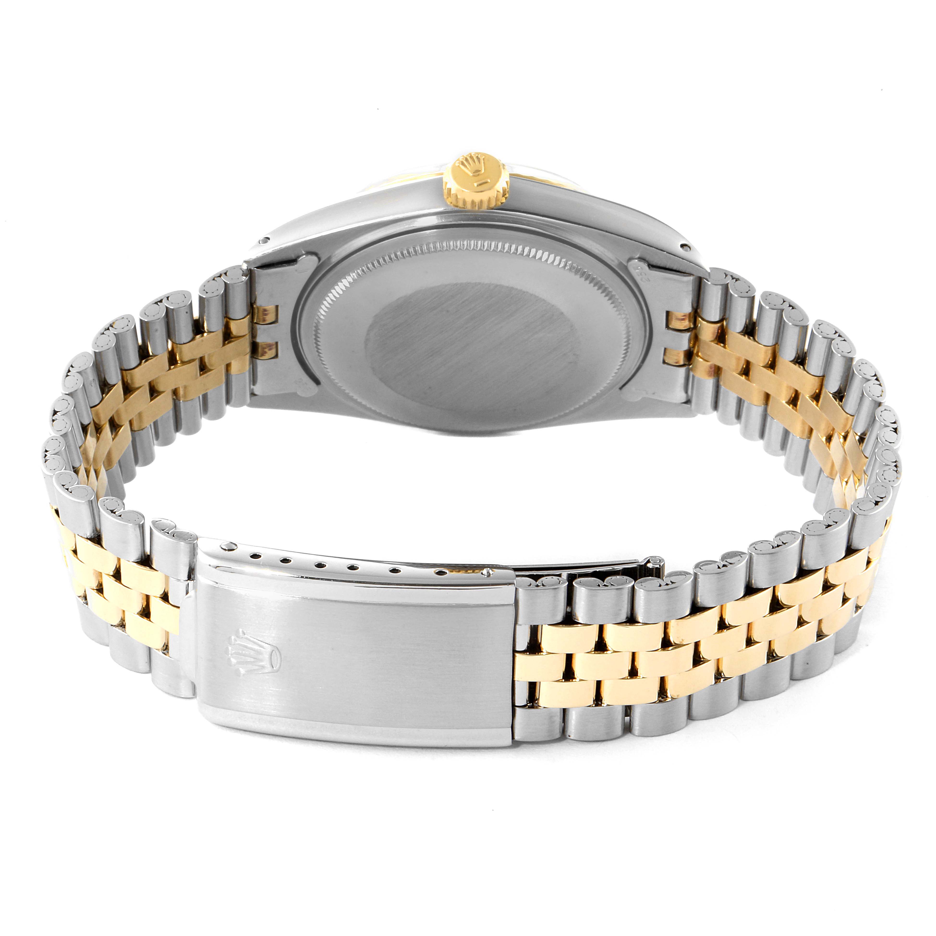 This image shows the back and full bracelet of the Rolex Vintage Collection 1601 Men
s Steel and Gold (two tone) Champagne Dial 1601 Men
s Steel and Gold (two tone) Champagne Dial model.
