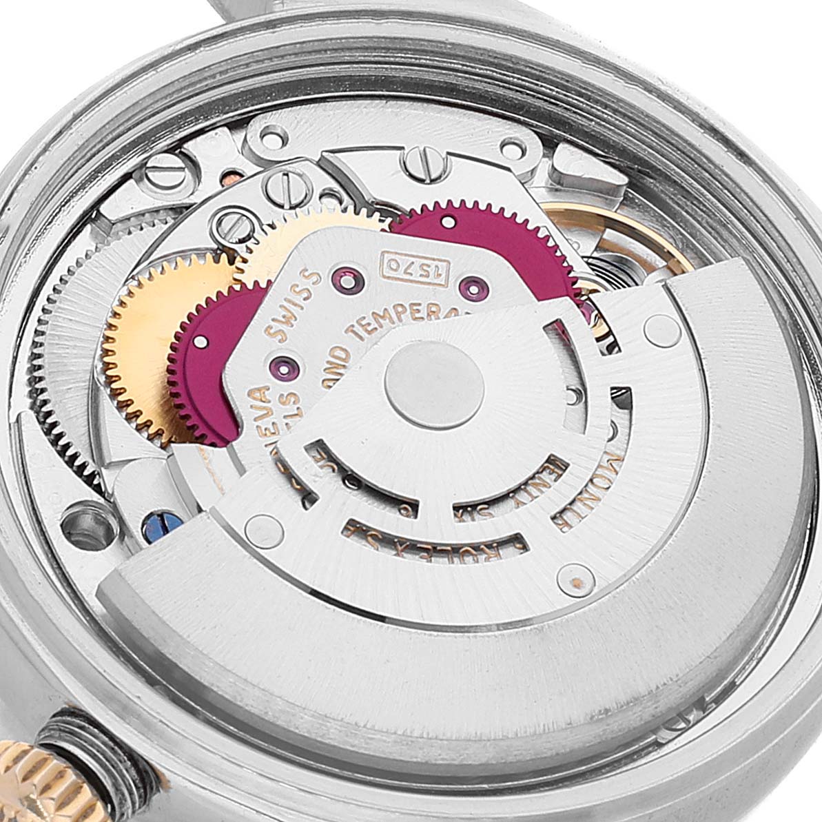The image shows the inner mechanical movement from the back of the Rolex Vintage Collection 1601 Men
s Steel and Gold (two tone) Champagne Dial 1601 Men
s Steel and Gold (two tone) Champagne Dial model watch.