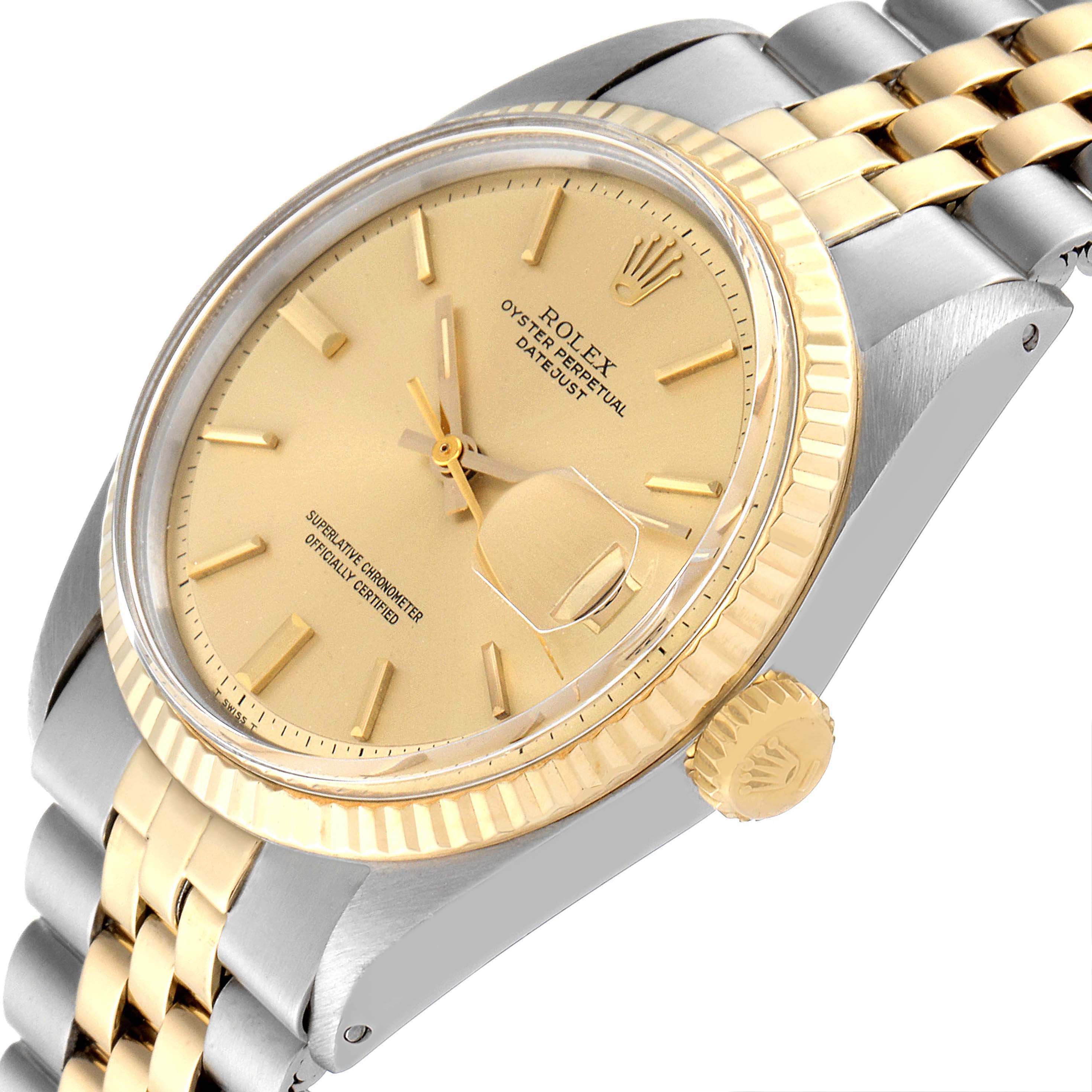 The image shows a Rolex Vintage Collection 1601 Men
s Steel and Gold (two tone) Champagne Dial 1601 Men
s Steel and Gold (two tone) Champagne Dial model watch at an oblique angle, featuring the face, bezel, band, and crown.