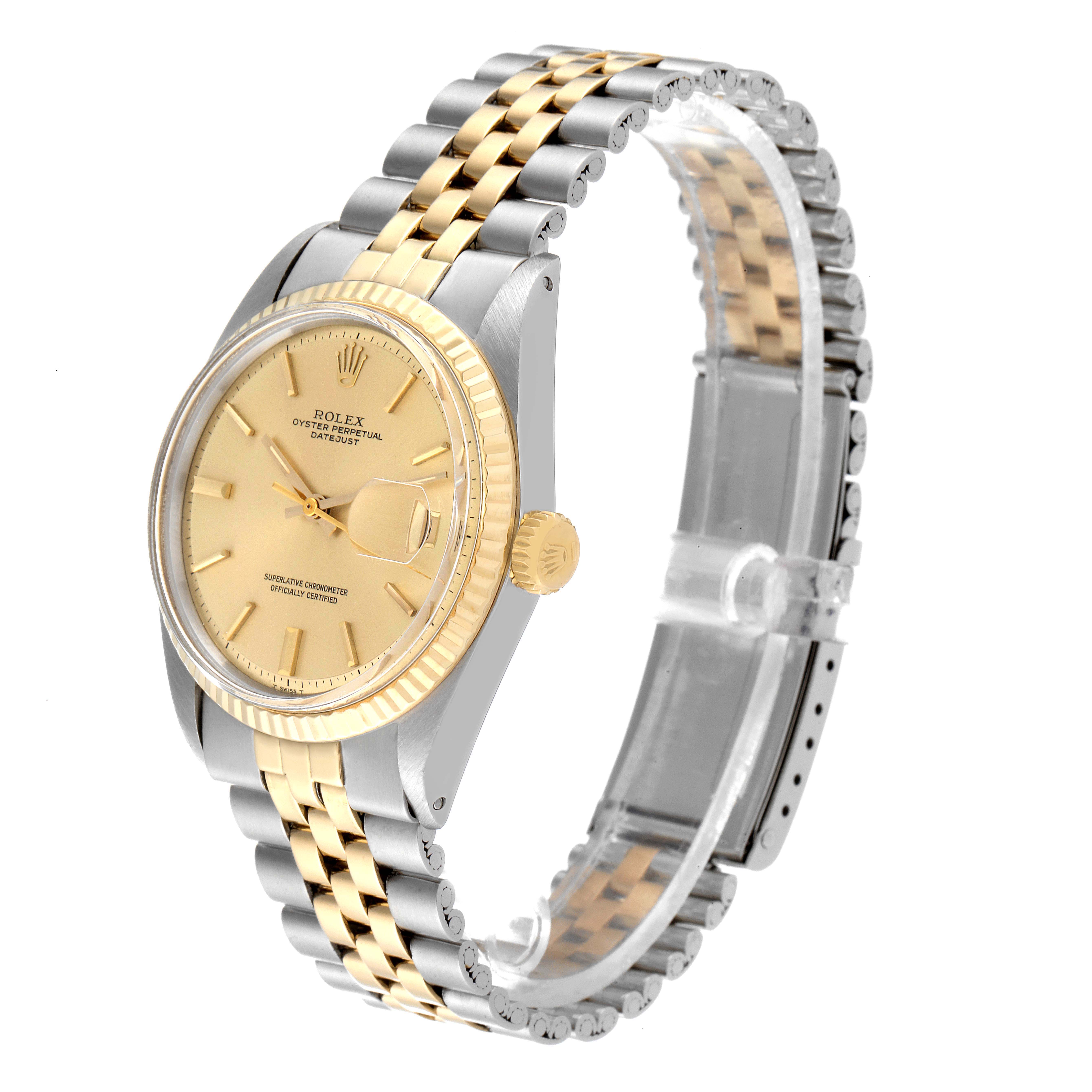 The Rolex Vintage Collection 1601 Men
s Steel and Gold (two tone) Champagne Dial 1601 Men
s Steel and Gold (two tone) Champagne Dial model is shown from a front-angled view, displaying its face, dial, crown, and two-tone bracelet.