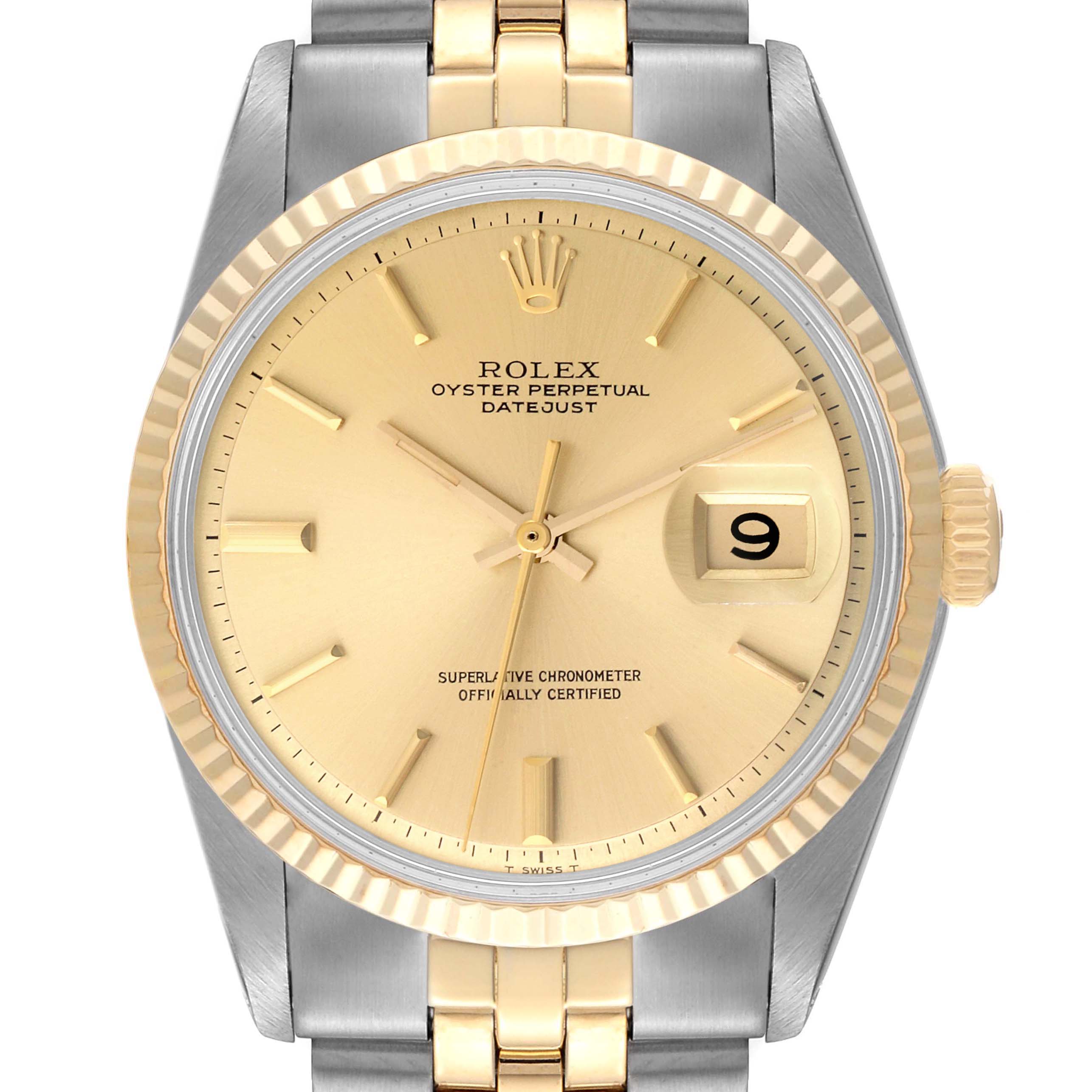 The image shows the Rolex Vintage Collection 1601 Men
s Steel and Gold (two tone) Champagne Dial 1601 Men
s Steel and Gold (two tone) Champagne Dial model watch from a front angle, highlighting its dial, bezel, crown, and bracelet.