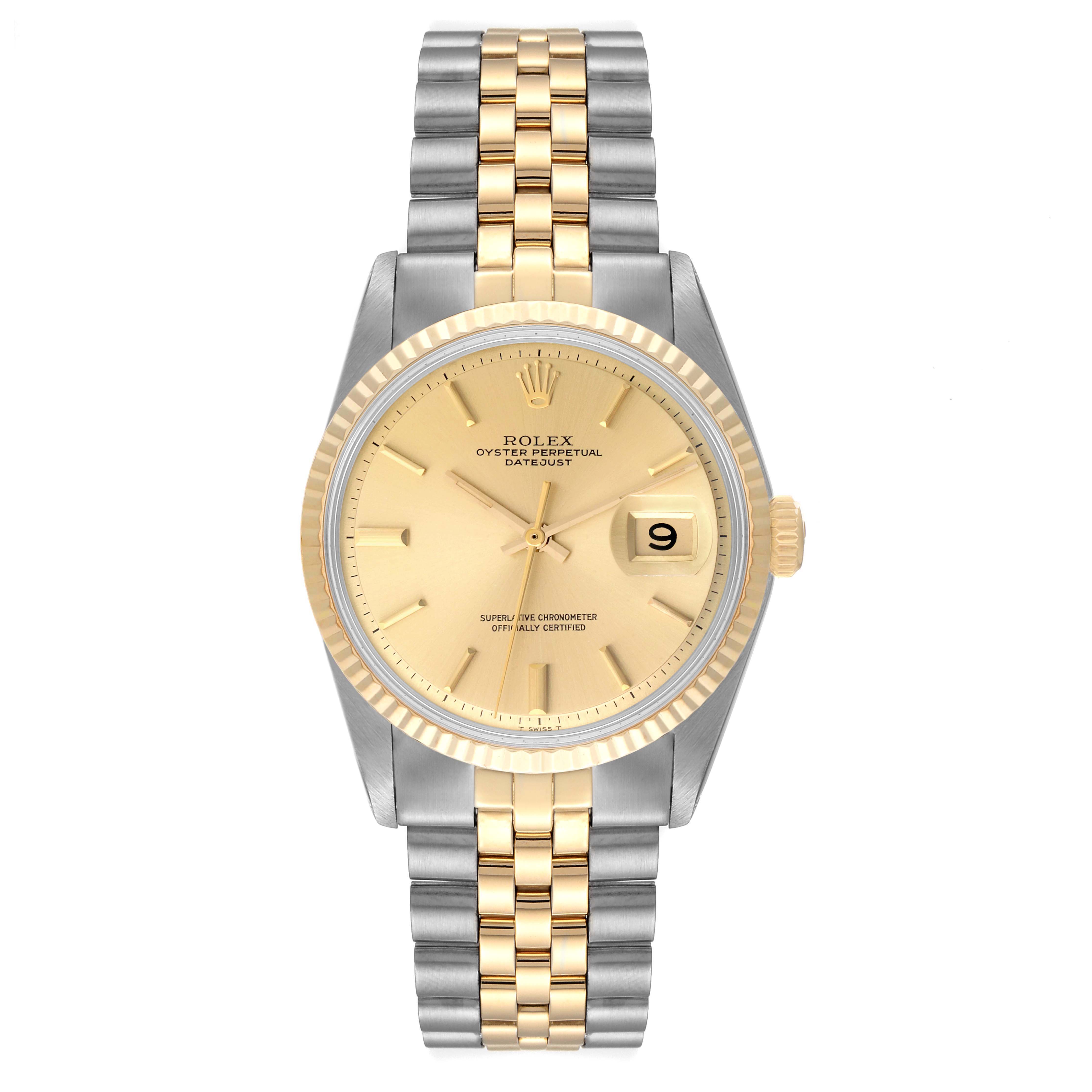 The image shows a front view of the Rolex Vintage Collection 1601 Men
s Steel and Gold (two tone) Champagne Dial 1601 Men
s Steel and Gold (two tone) Champagne Dial Oyster Perpetual Datejust watch with a gold and silver bracelet.