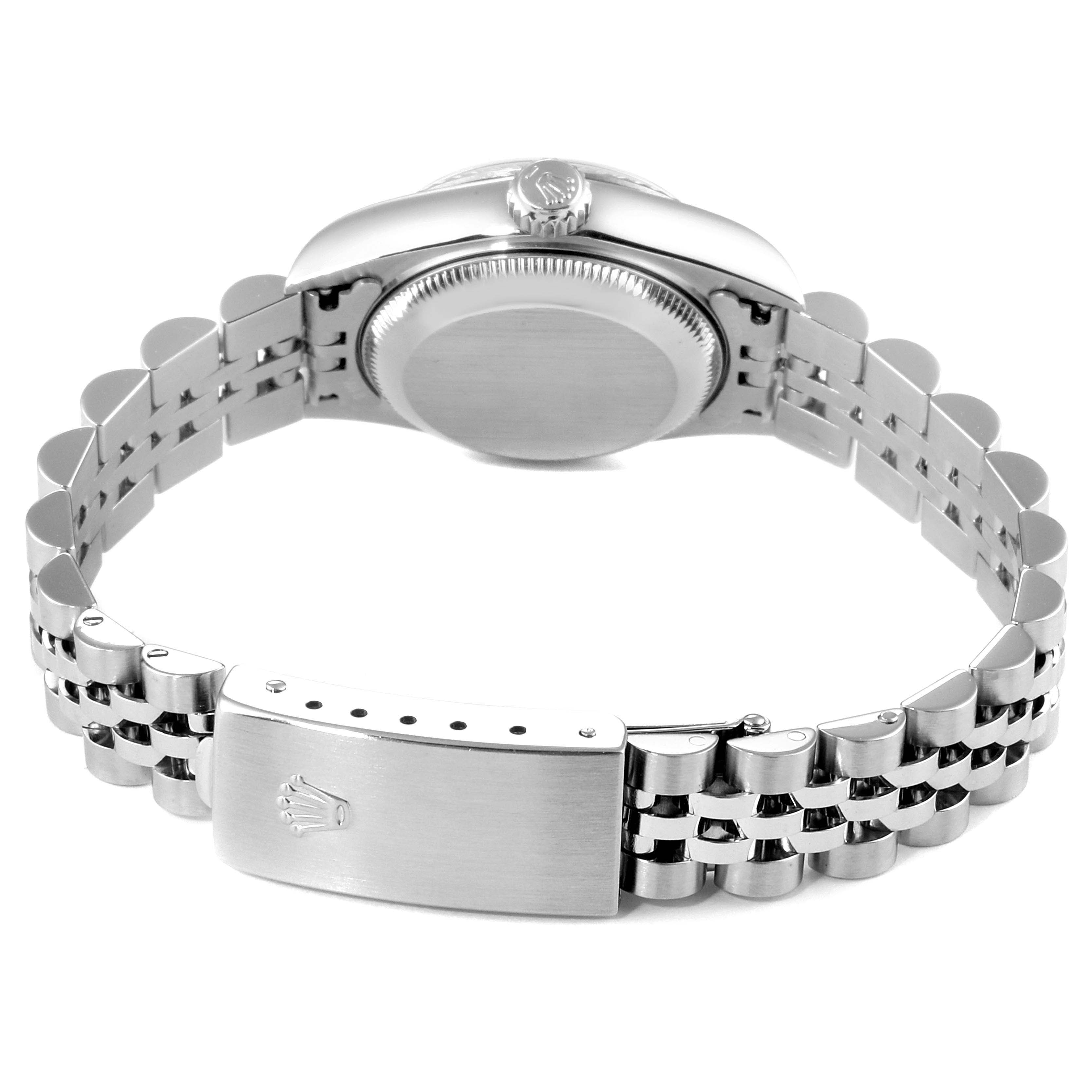 This image shows the back view of a Rolex Datejust 79174 Women
s Stainless Steel Mother of Pearl Dial 79174 Women
s Stainless Steel Mother of Pearl Dial watch, highlighting the case back and Jubilee bracelet with the clasp open.