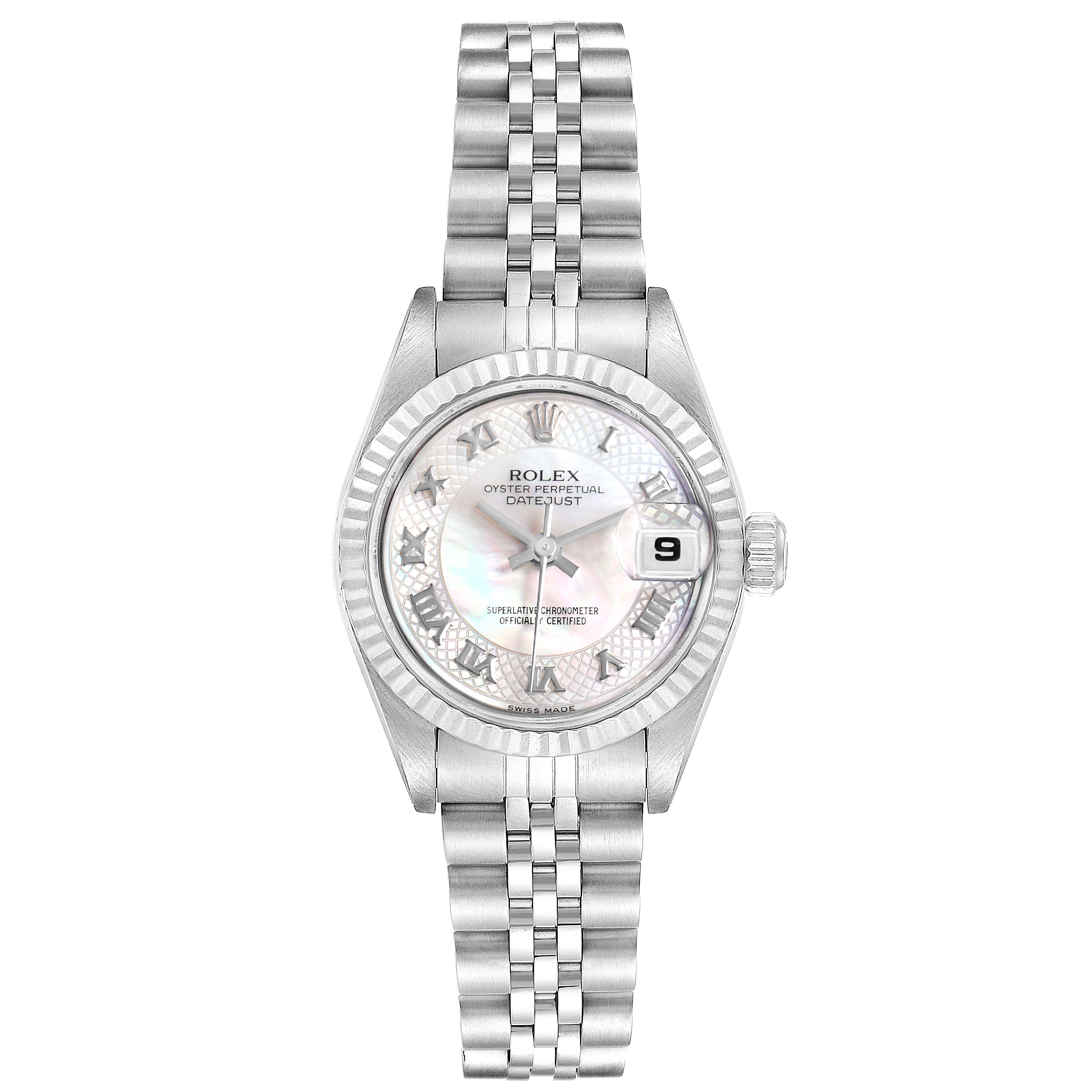 The Rolex Datejust 79174 Women
s Stainless Steel Mother of Pearl Dial 79174 Women
s Stainless Steel Mother of Pearl Dial watch is shown from a top-down angle, displaying the face, bezel, crown, and bracelet.