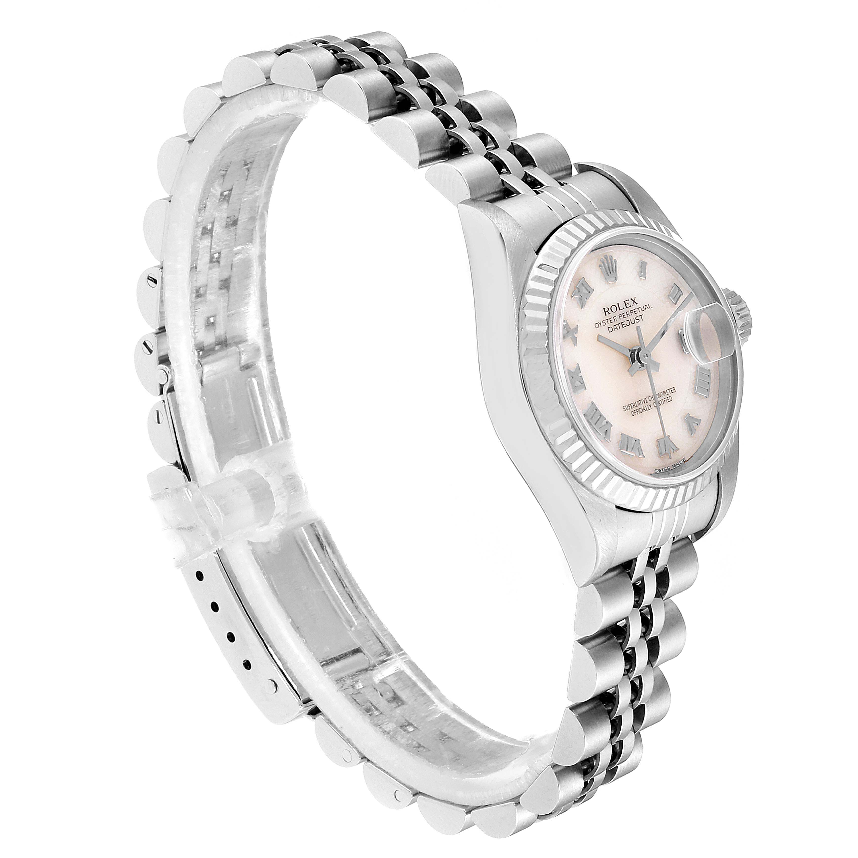 The Rolex Datejust 79174 Women
s Stainless Steel Mother of Pearl Dial 79174 Women
s Stainless Steel Mother of Pearl Dial watch is shown at an angled side view, showcasing its face, bezel, and Jubilee bracelet.