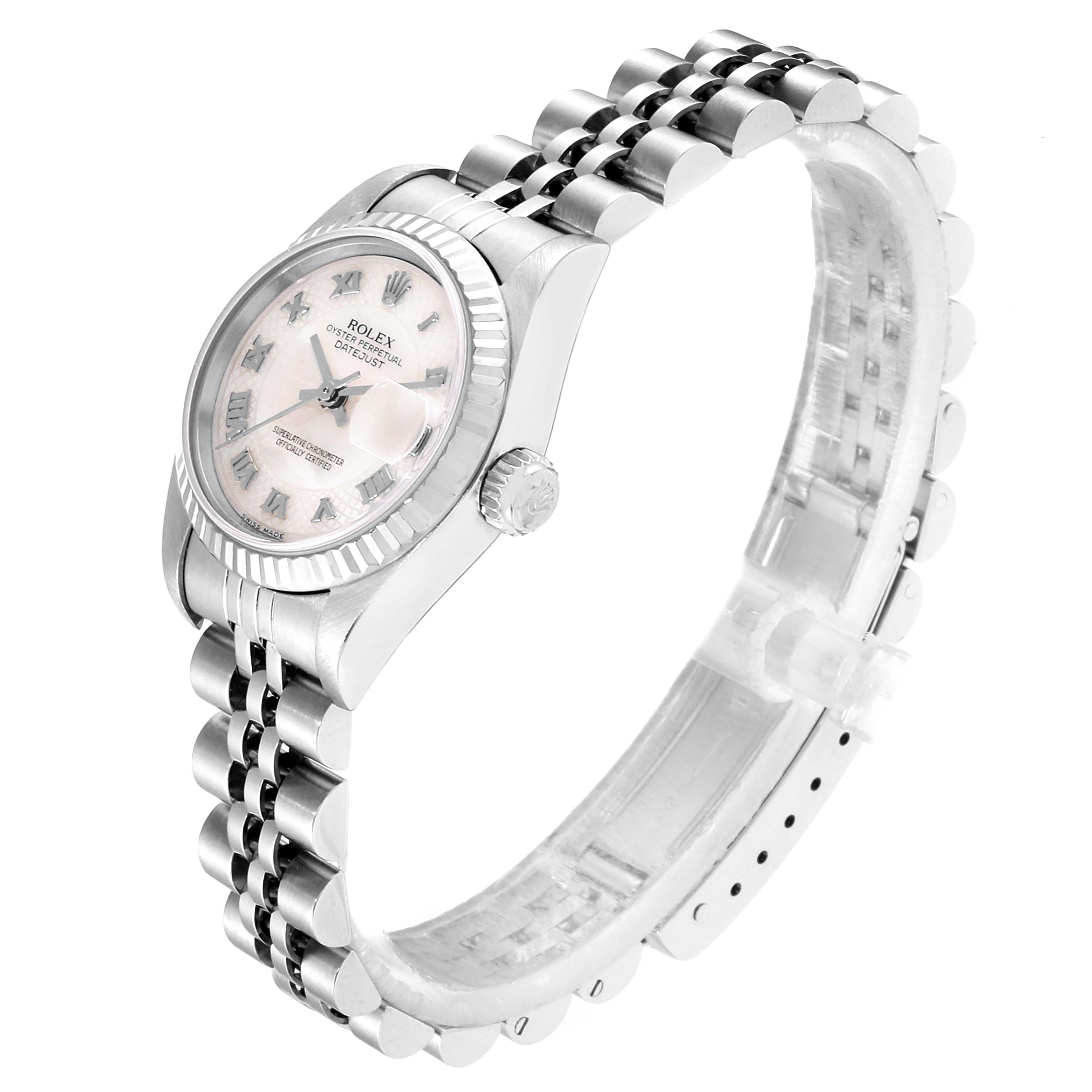 This Rolex Datejust 79174 Women
s Stainless Steel Mother of Pearl Dial 79174 Women
s Stainless Steel Mother of Pearl Dial watch is shown at a three-quarter angle, highlighting the face, crown, and bracelet.