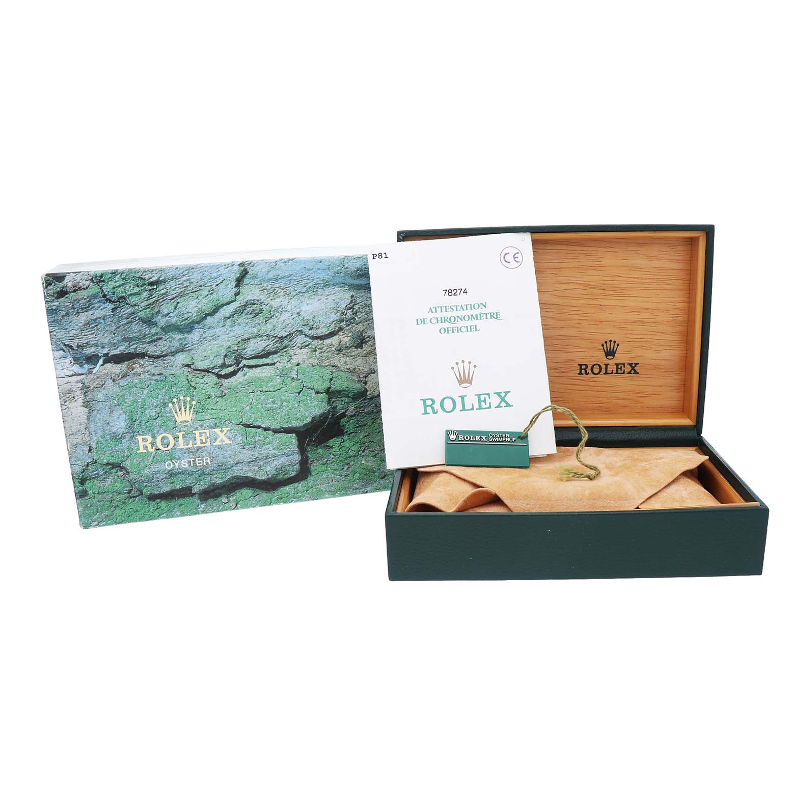 The image shows a Rolex Mid-Size 78274 Women's Stainless Steel Mother of Pearl Dial model packaging with a green box, outer sleeve, and certificate, but the watch itself is not visible.