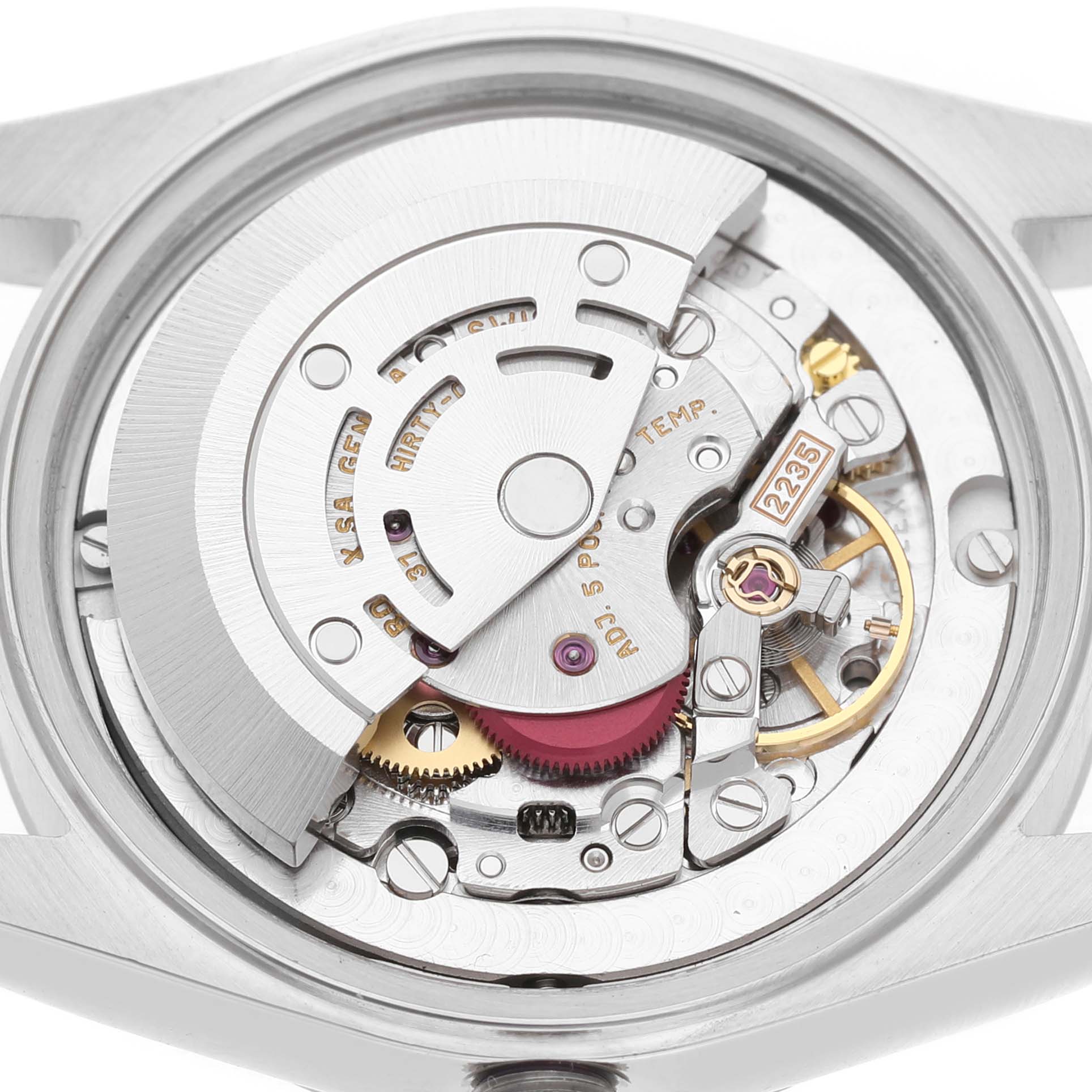The image shows a close-up view of the Rolex Mid-Size 78274 Women's Stainless Steel Mother of Pearl Dial movement, highlighting its intricate mechanical components.