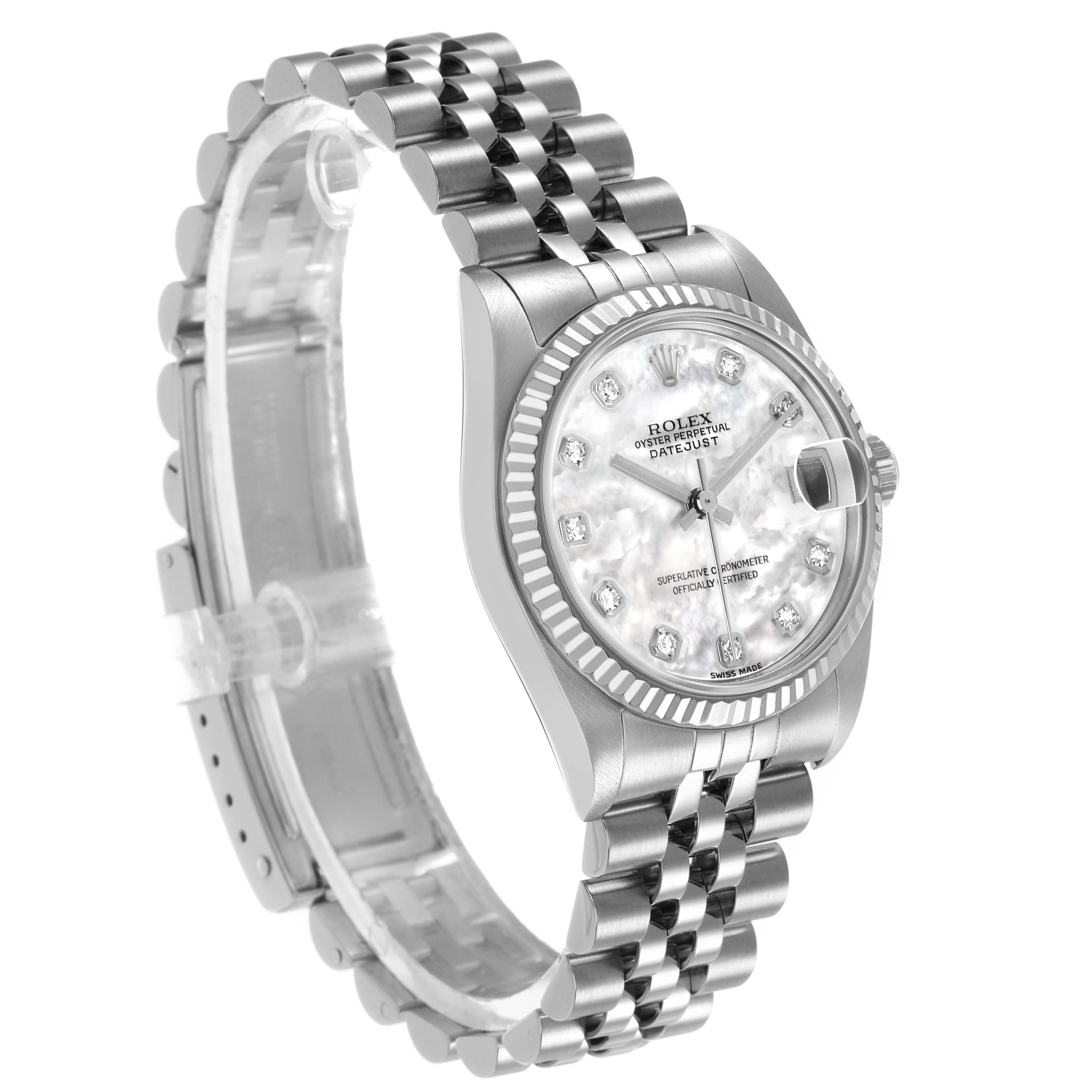 The image shows a side angle of the Rolex Datejust Mid-Size, highlighting the dial, bezel, and Jubilee bracelet.