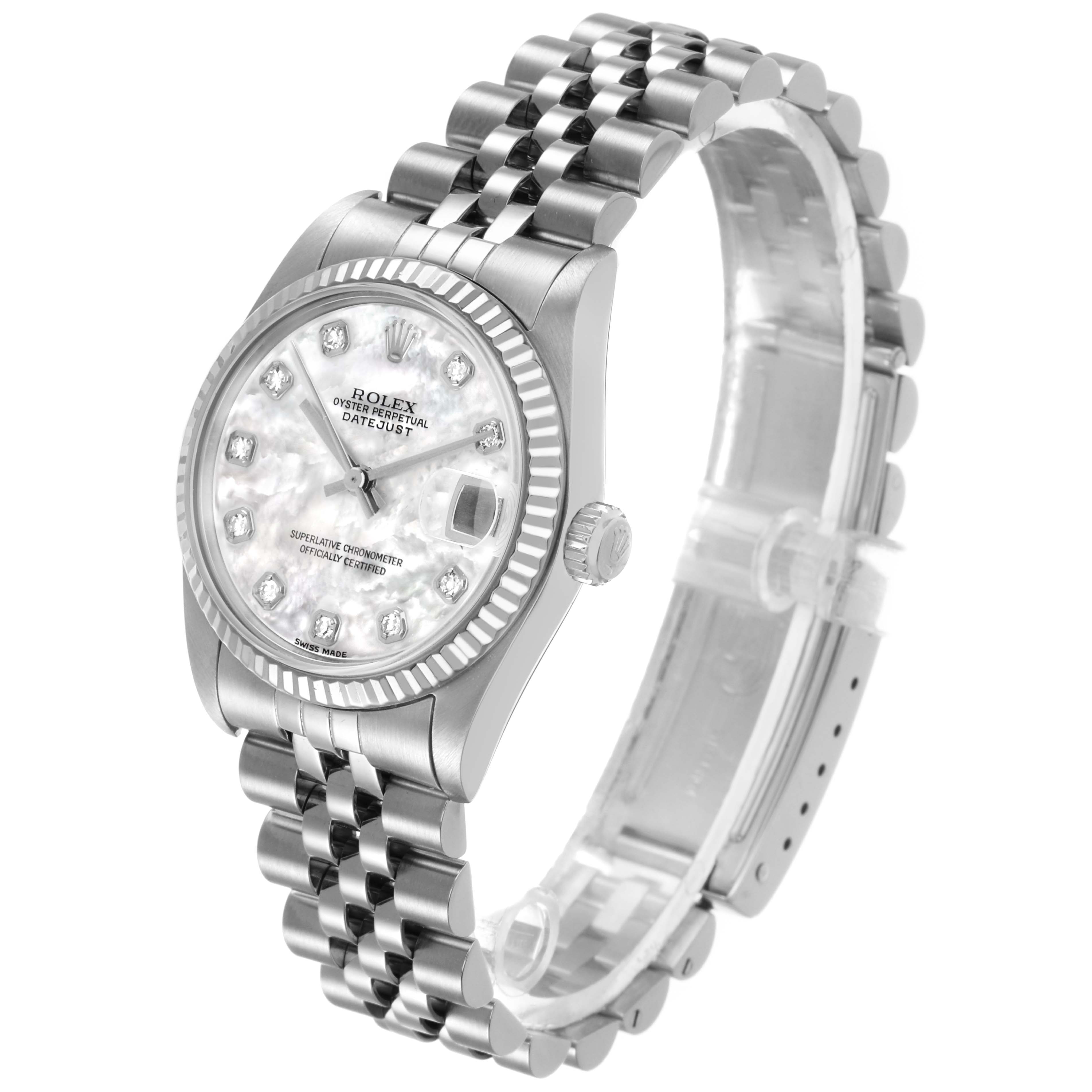 The image shows a Rolex Mid-Size 78274 Women's Stainless Steel Mother of Pearl Dial Datejust from a front angle, highlighting the face, bezel, and bracelet.