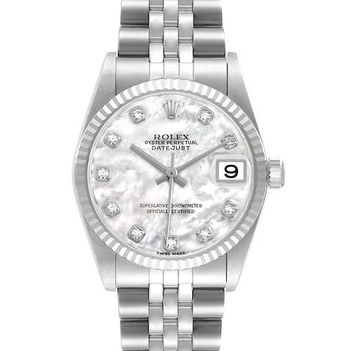 The Rolex Mid-Size 78274 Womens Stainless Steel Mother of Pearl Dial Datejust watch is shown from a front angle, displaying the dial, bezel, and part of the bracelet.
