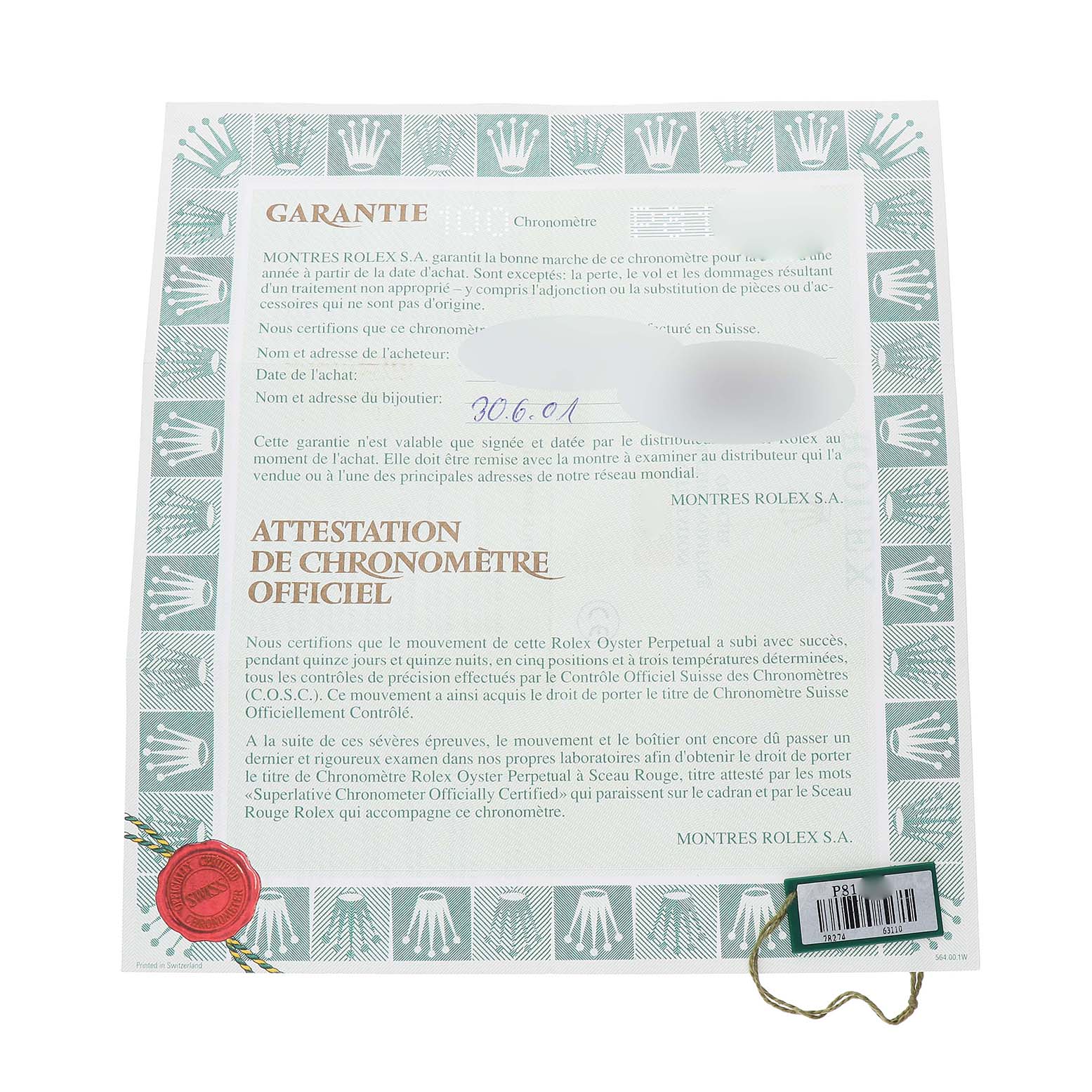The image shows an official certificate with Rolex branding, detailing warranty and chronometer authentication for a mid-size model.