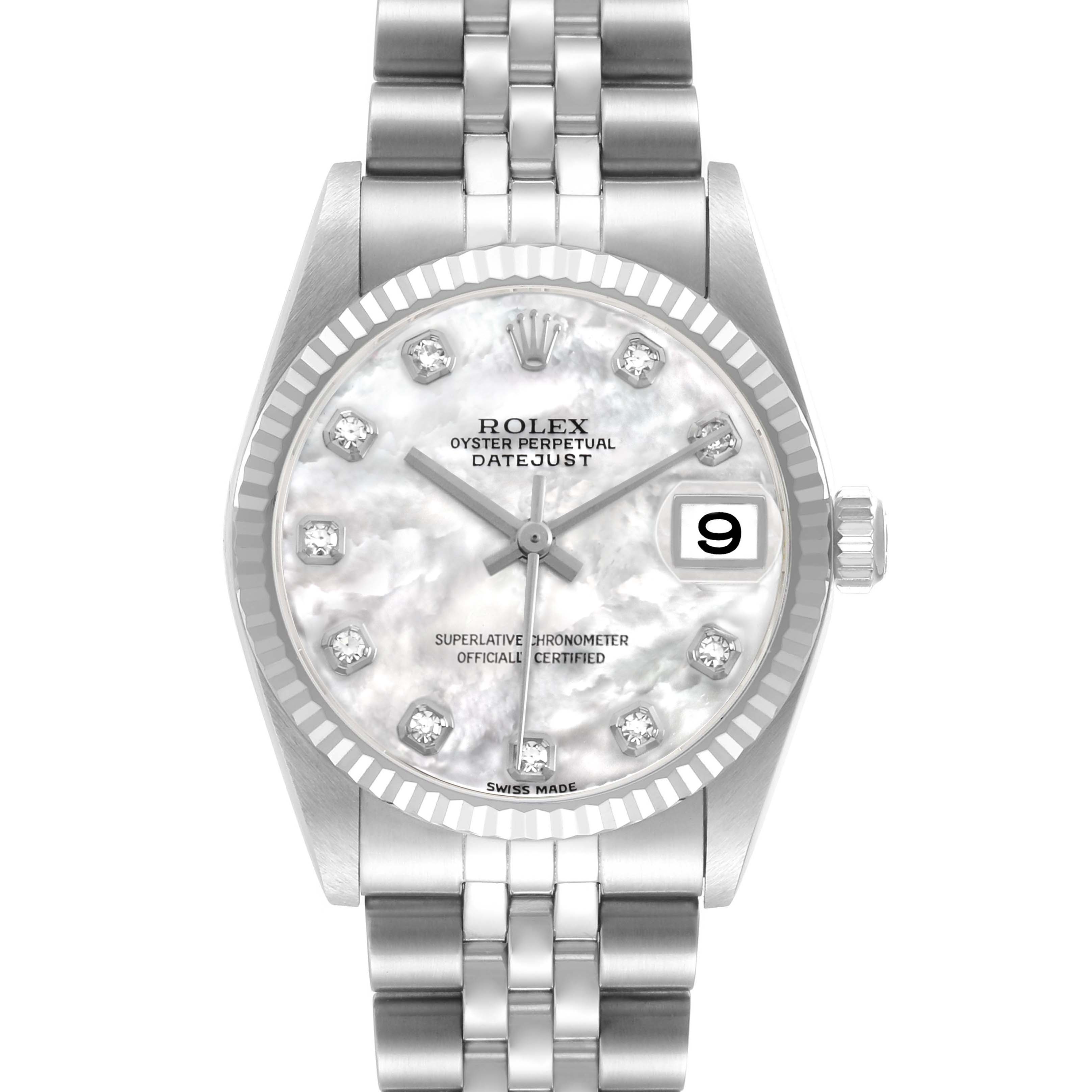 The Rolex Mid-Size 78274 Women's Stainless Steel Mother of Pearl Dial Datejust watch is shown from a front view, displaying its face, bezel, crown, and bracelet.