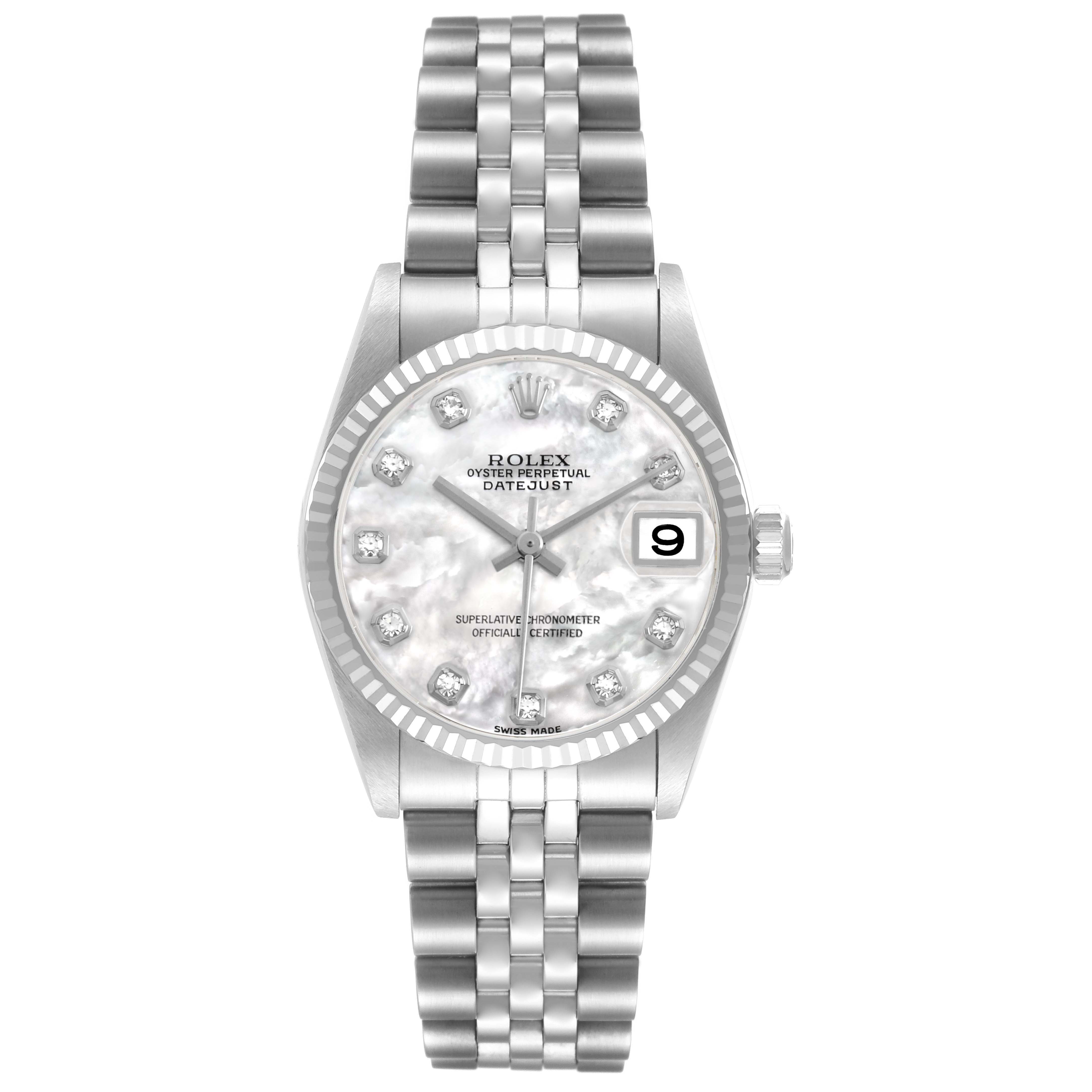 The Rolex Datejust Mid-Size watch is shown from the front, displaying the dial, bezel, crown, and part of the bracelet.