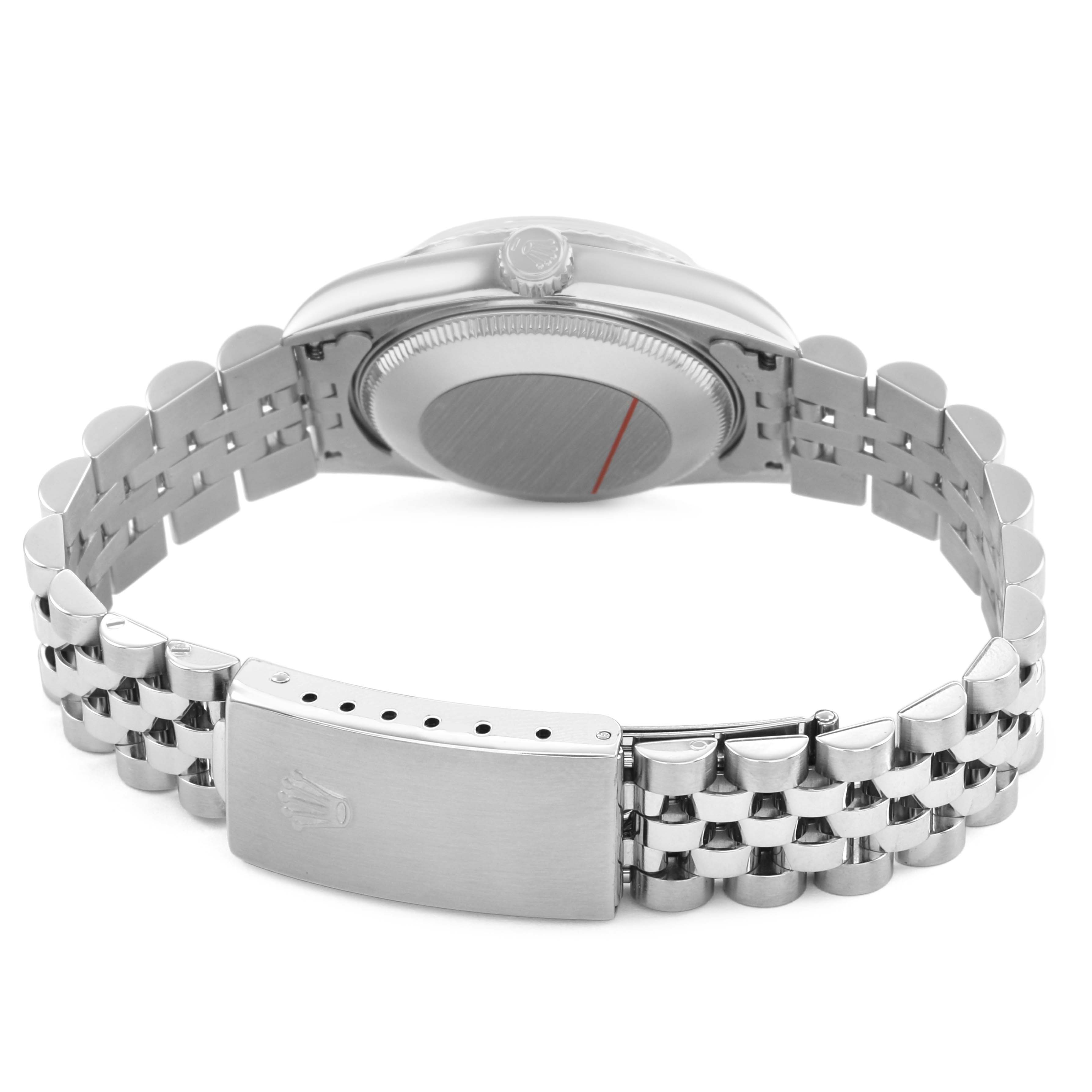 The image shows the back view of a Rolex Mid-Size 78274 Women's Stainless Steel Mother of Pearl Dial watch, focusing on the clasp, case back, and part of the bracelet.