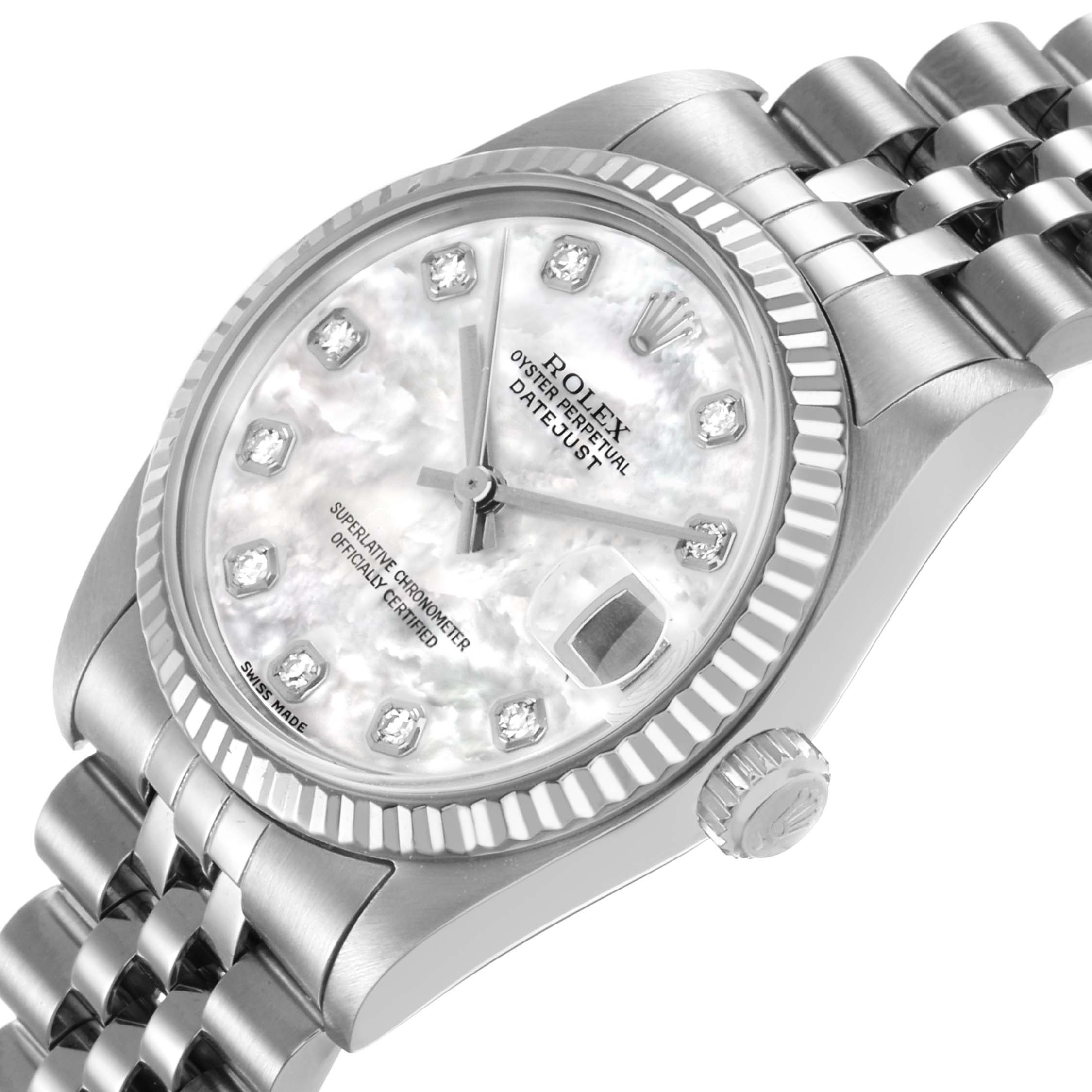 The Rolex Mid-Size 78274 Women's Stainless Steel Mother of Pearl Dial watch is shown at an angled side view, highlighting the face, fluted bezel, crown, and part of the bracelet.