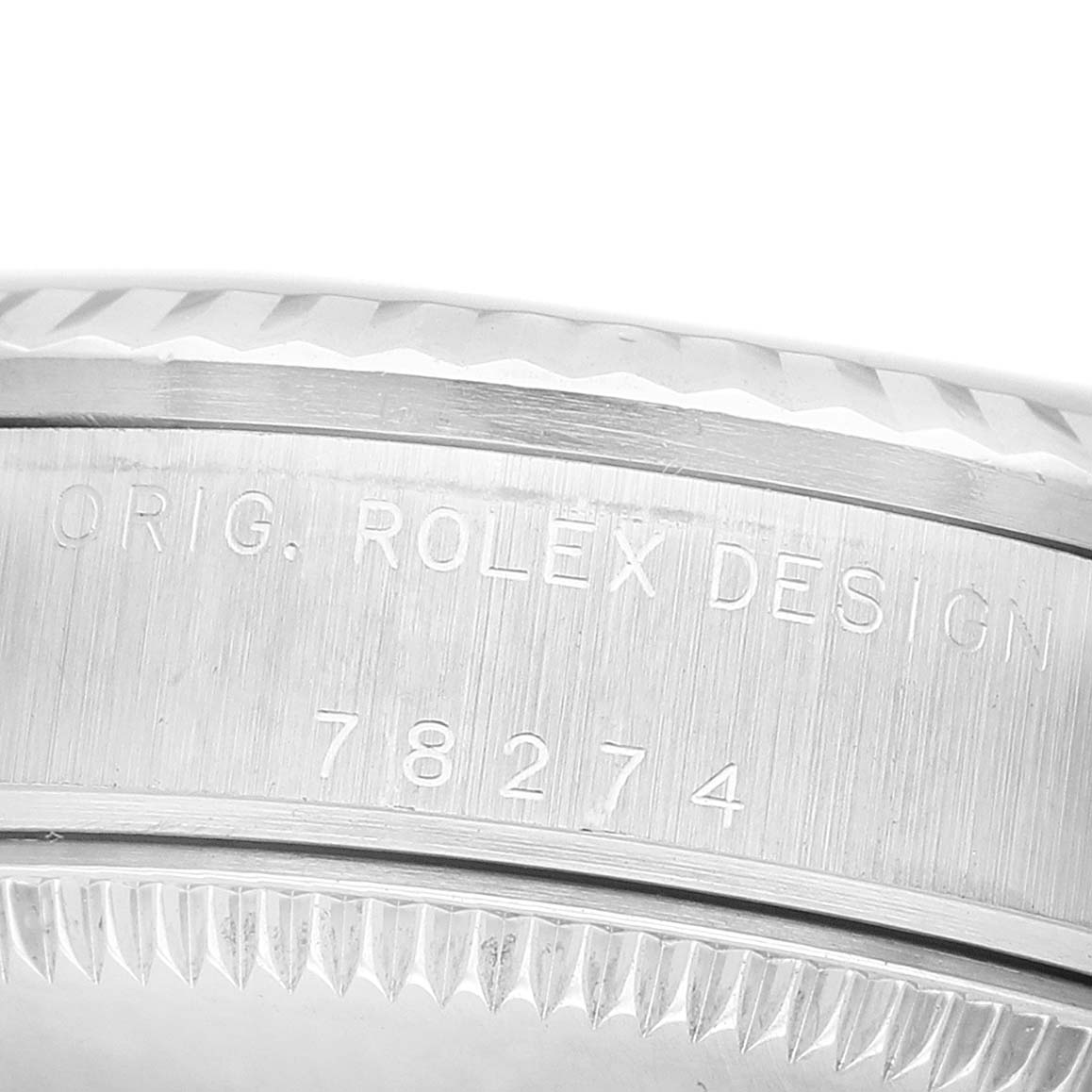 The image shows a close-up of the case side of a Rolex Mid-Size 78274 Women's Stainless Steel Mother of Pearl Dial watch with model number 78274 engraved.