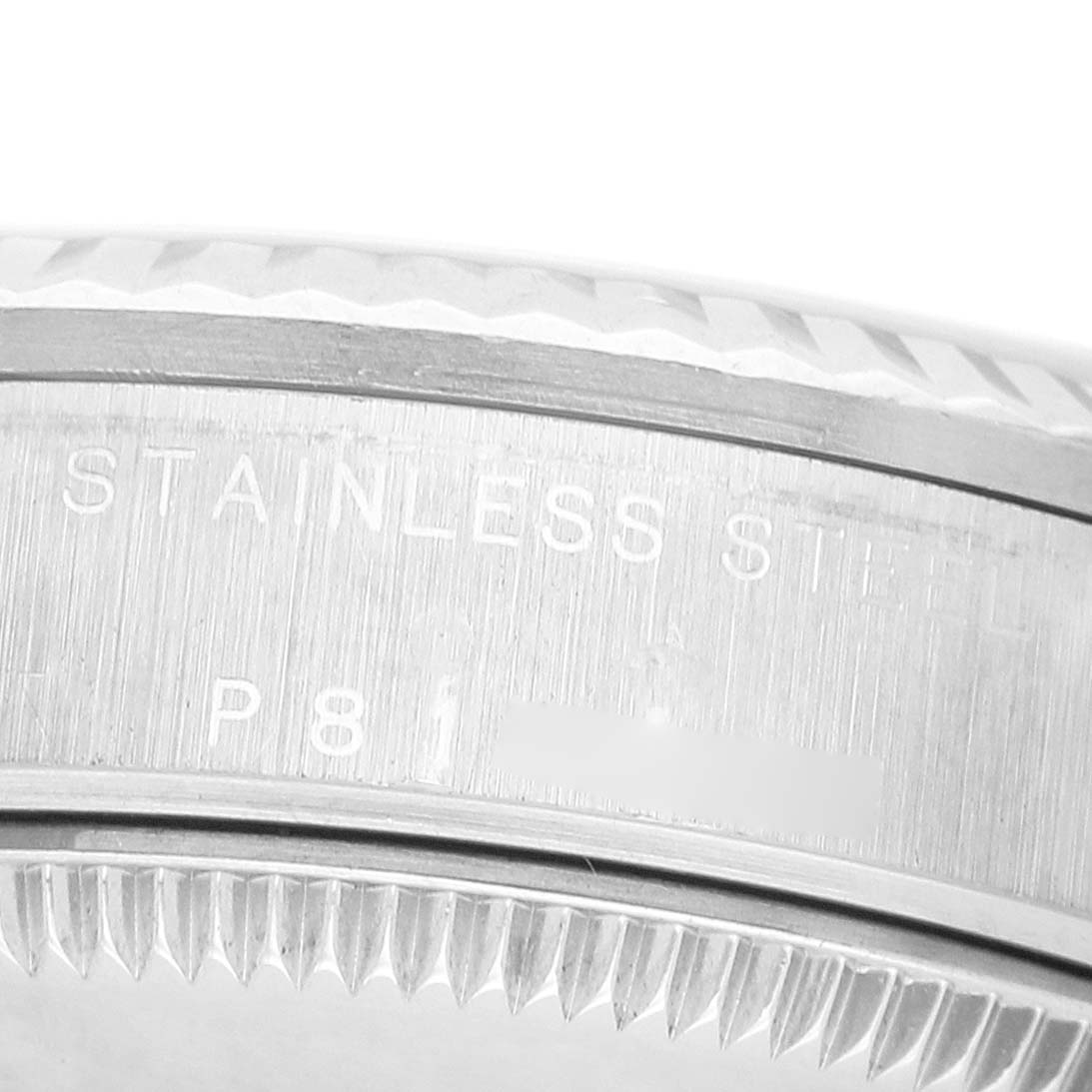 The image shows a close-up of the side engraving on the bezel of a Rolex Mid-Size 78274 Women's Stainless Steel Mother of Pearl Dial watch.