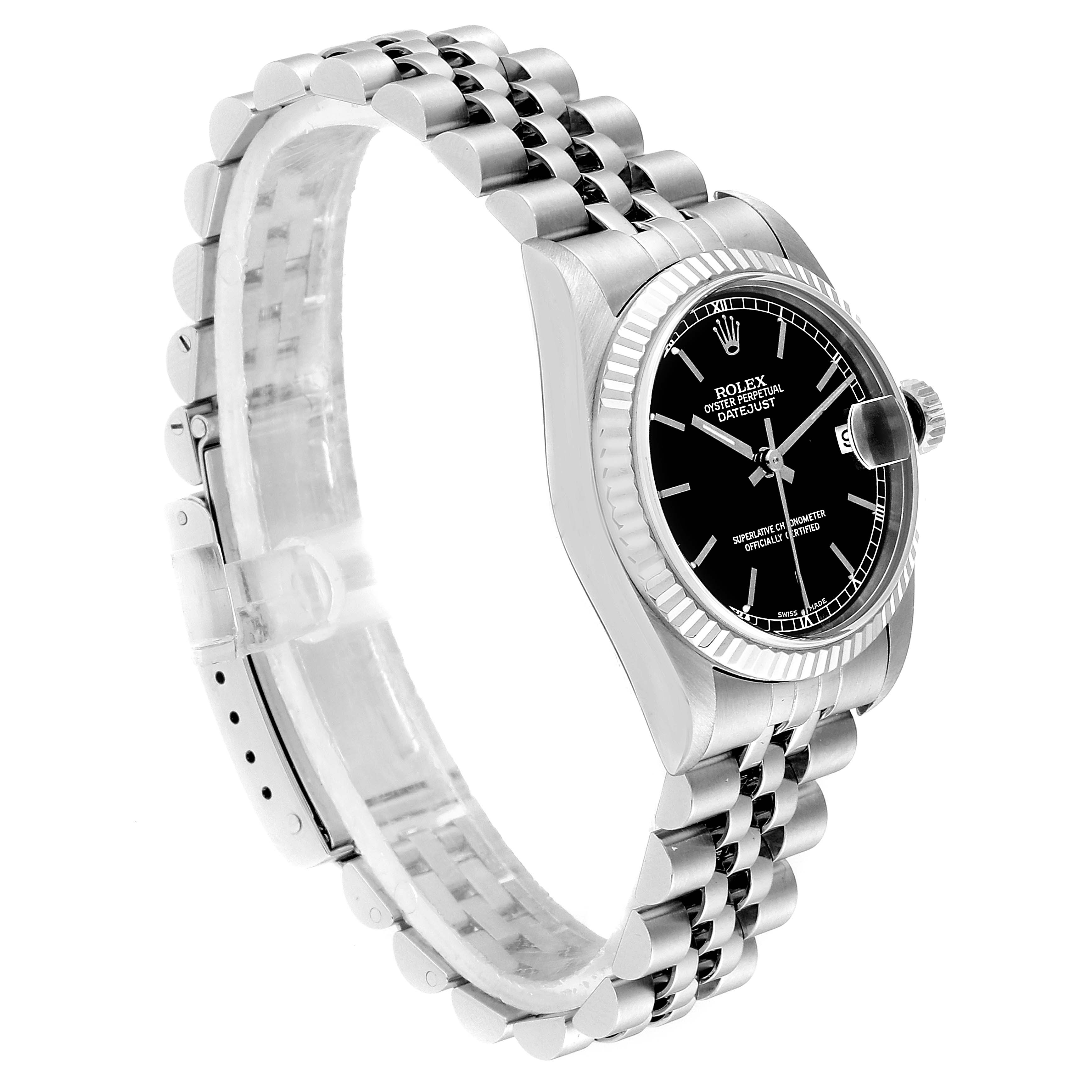 The Rolex Mid-Size 78274 Women
s Stainless Steel Black Dial 78274 Women
s Stainless Steel Black Dial watch is shown at a slight angle, displaying the bracelet, case, crown, and part of the face.