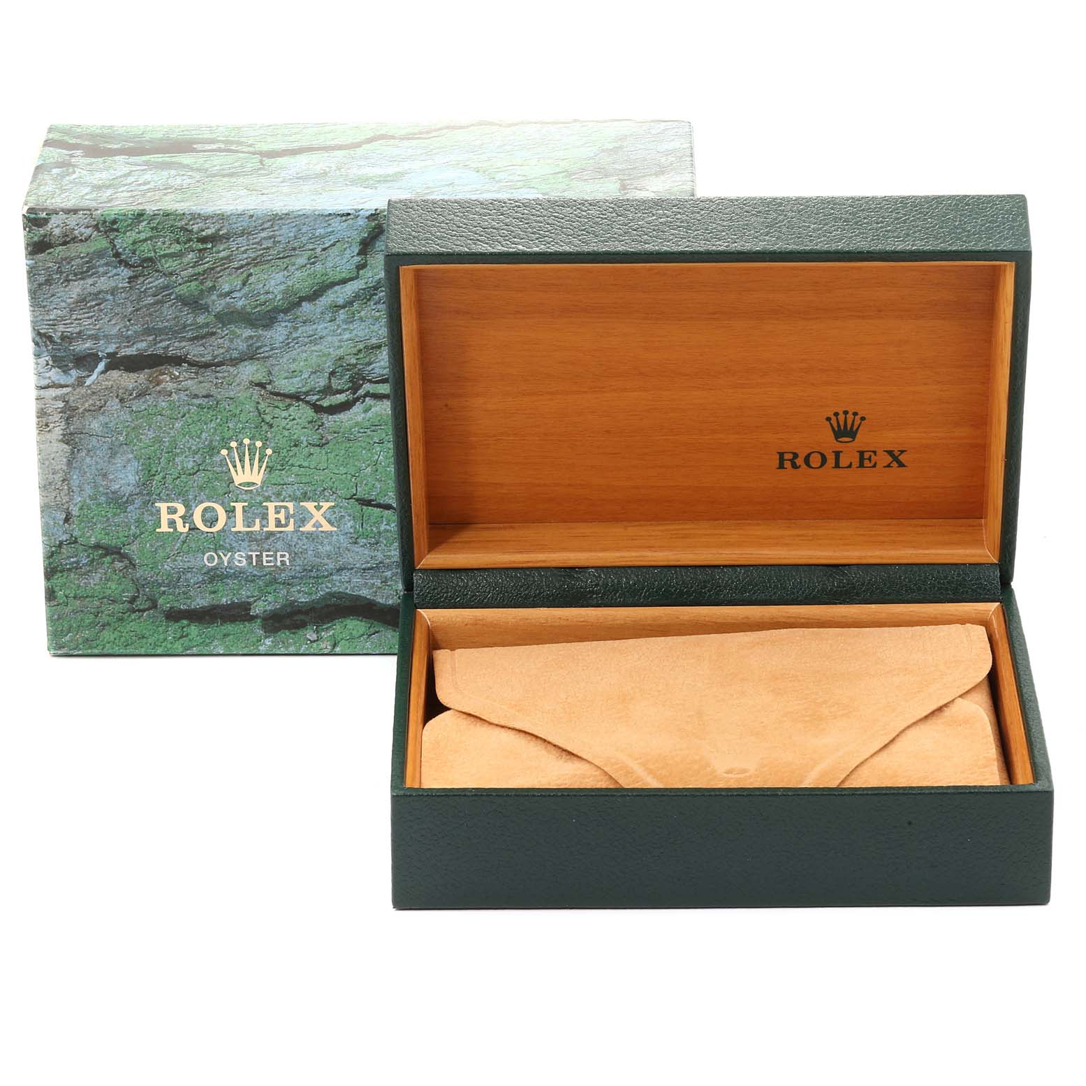 The image shows an open Rolex Oyster watch box with a green outer cardboard box and a tan pouch inside.