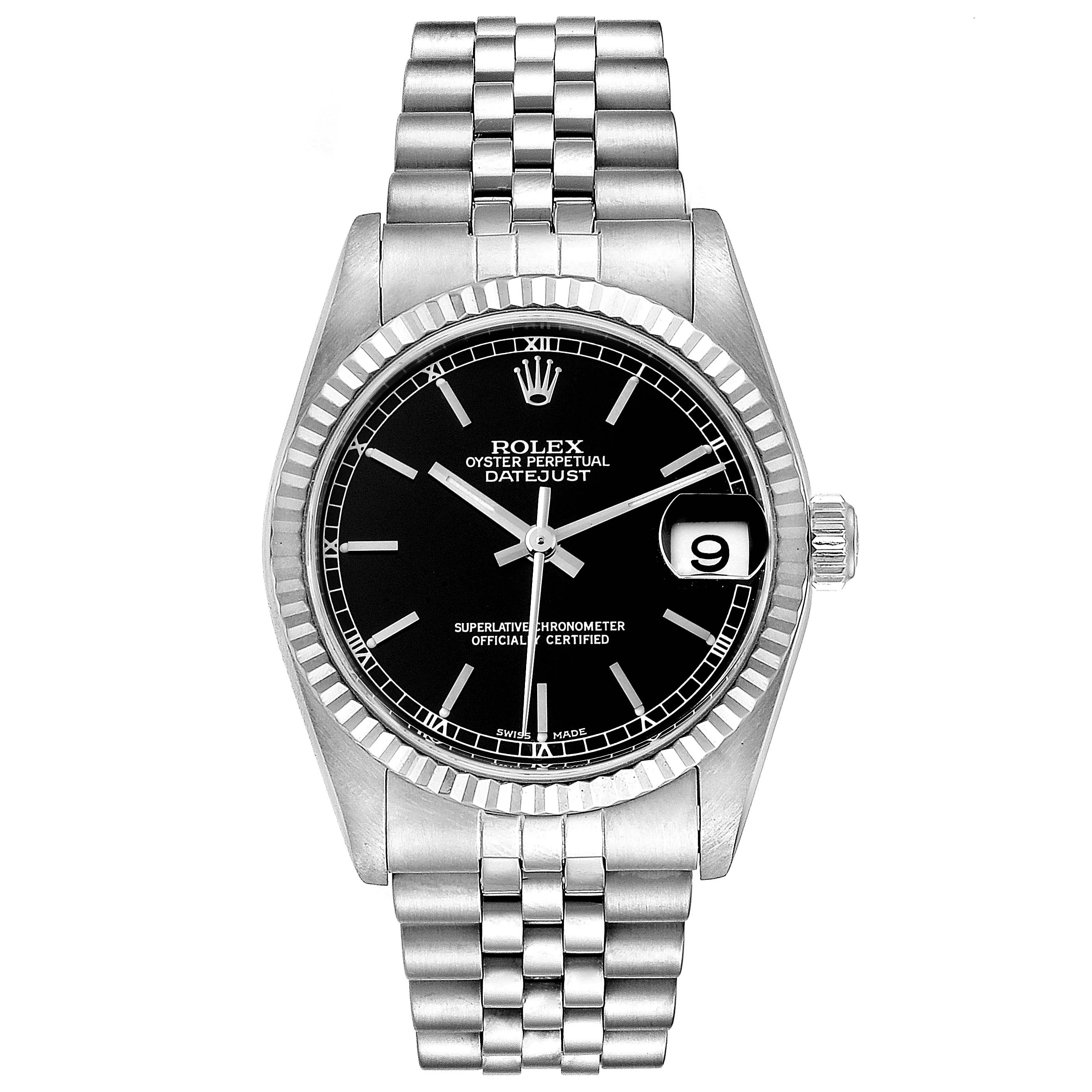 The Rolex Datejust Mid-Size watch is shown from a front angle, highlighting its black dial, silver hands, jubilee bracelet, and date display.