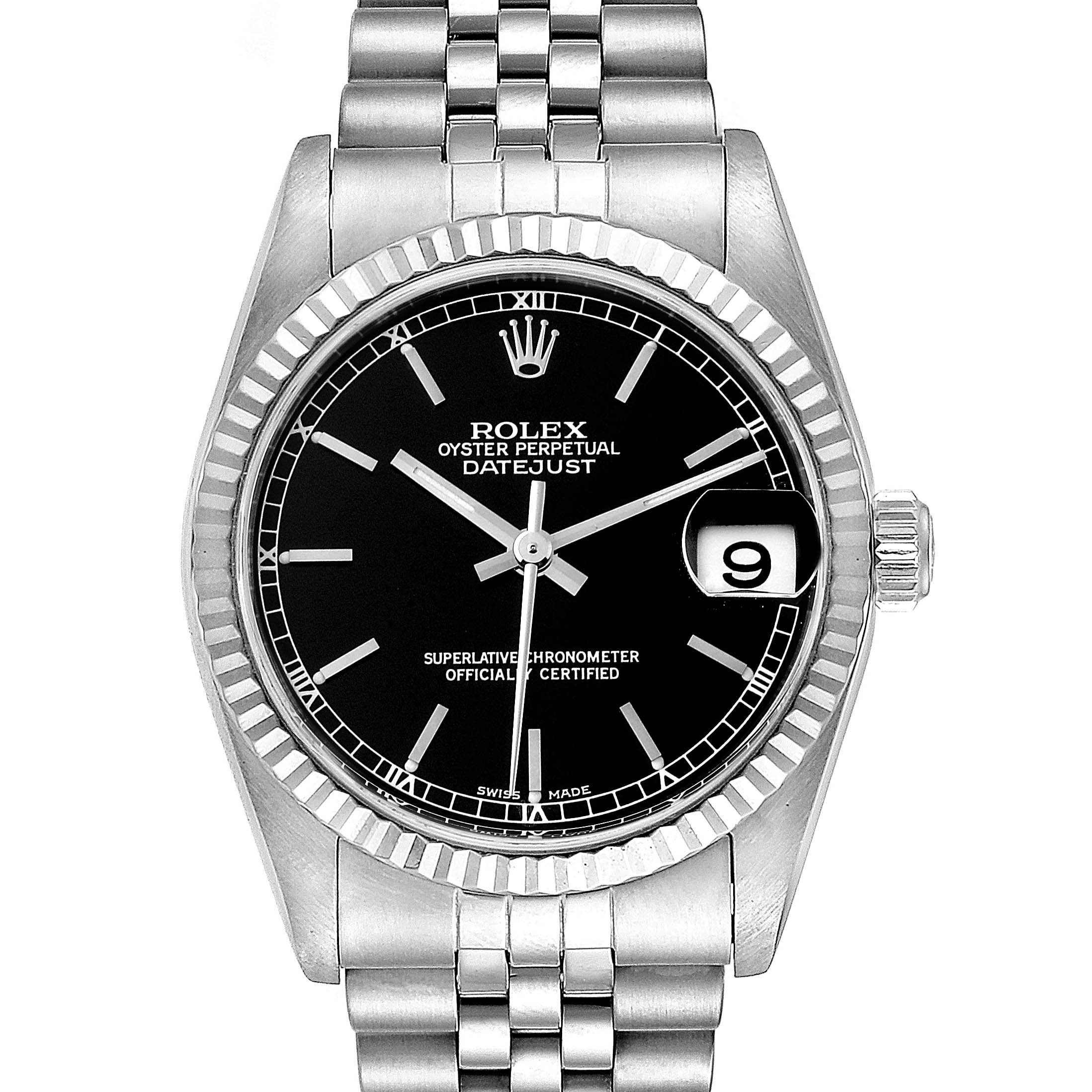 This Rolex Mid-Size 78274 Women
s Stainless Steel Black Dial 78274 Women
s Stainless Steel Black Dial Oyster Perpetual Datejust watch is shown from the front, highlighting its black dial, date display, and bezel.