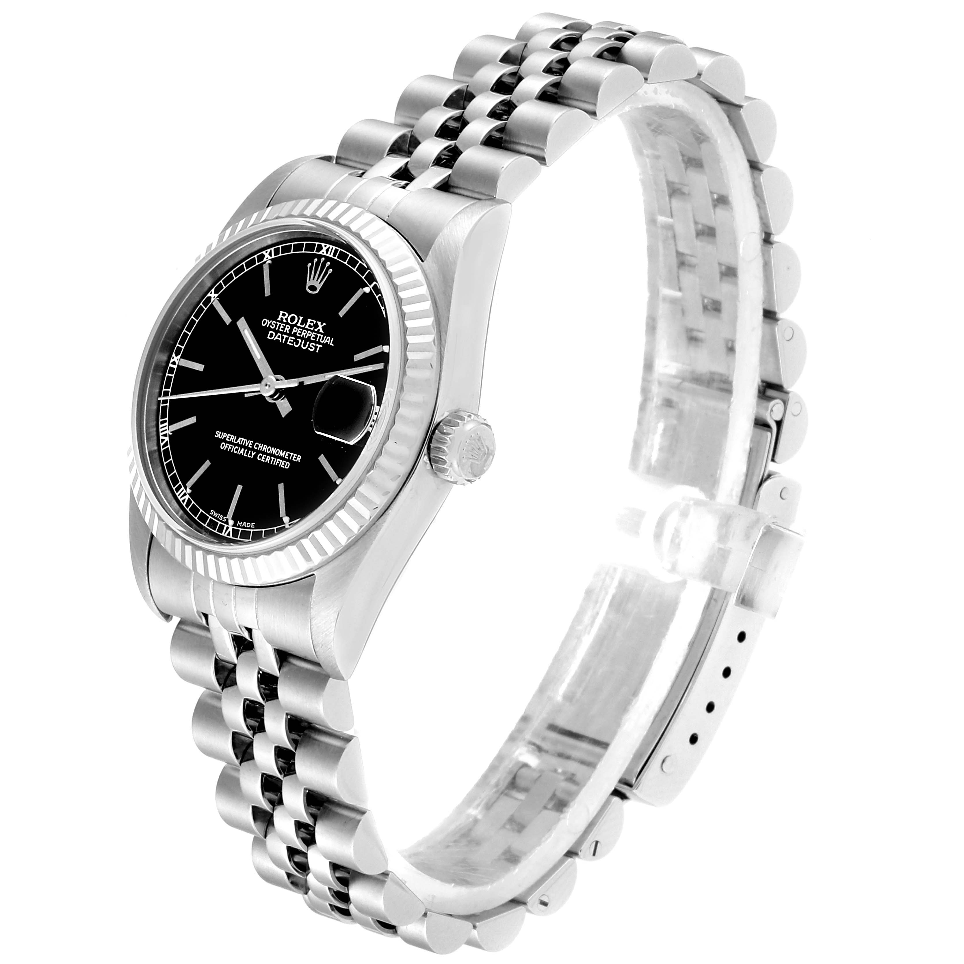 This image shows a side view of a Rolex Datejust Mid-Size model watch, highlighting the bracelet, crown, and black dial.