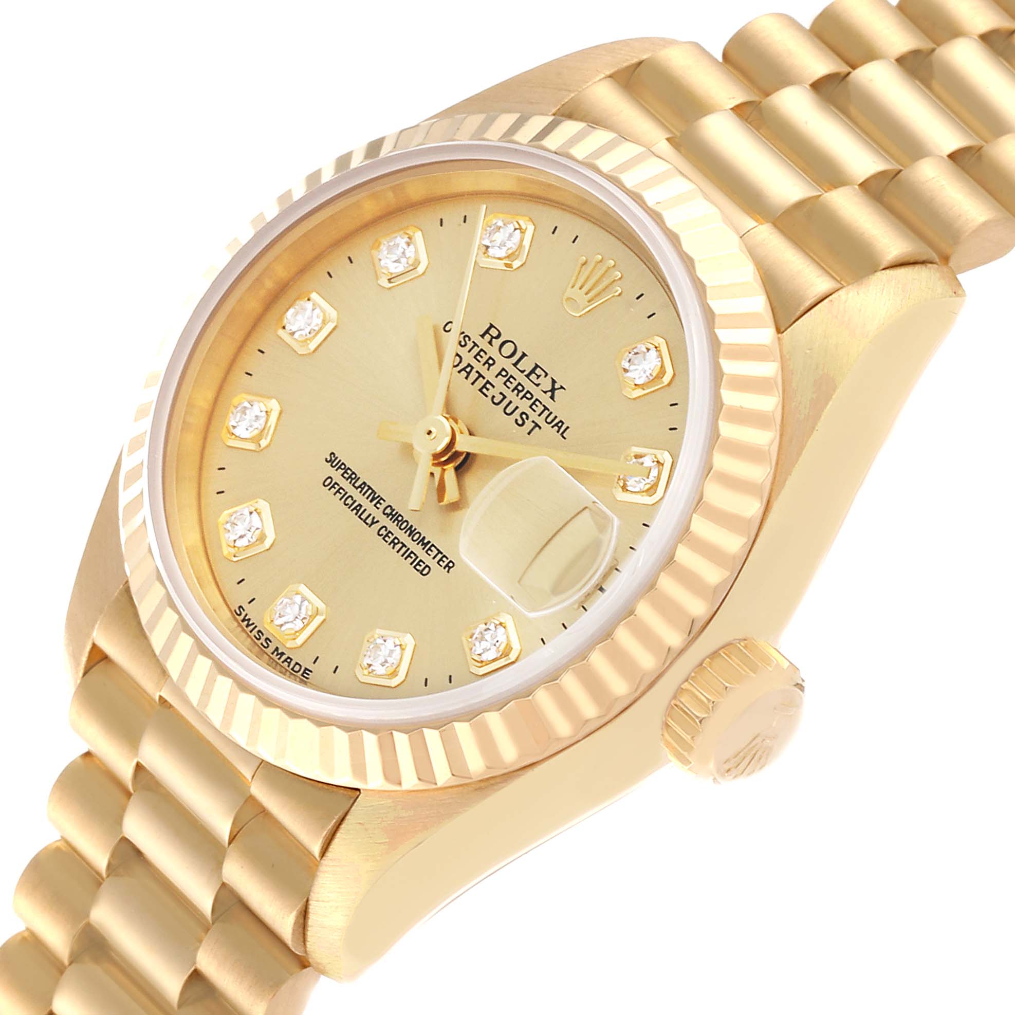 The image shows a Rolex President 69178 Women's Yellow Gold Champagne Dial 69178 Women's Yellow Gold Champagne Dial model watch from an angled side view, highlighting the face, crown, and bracelet.