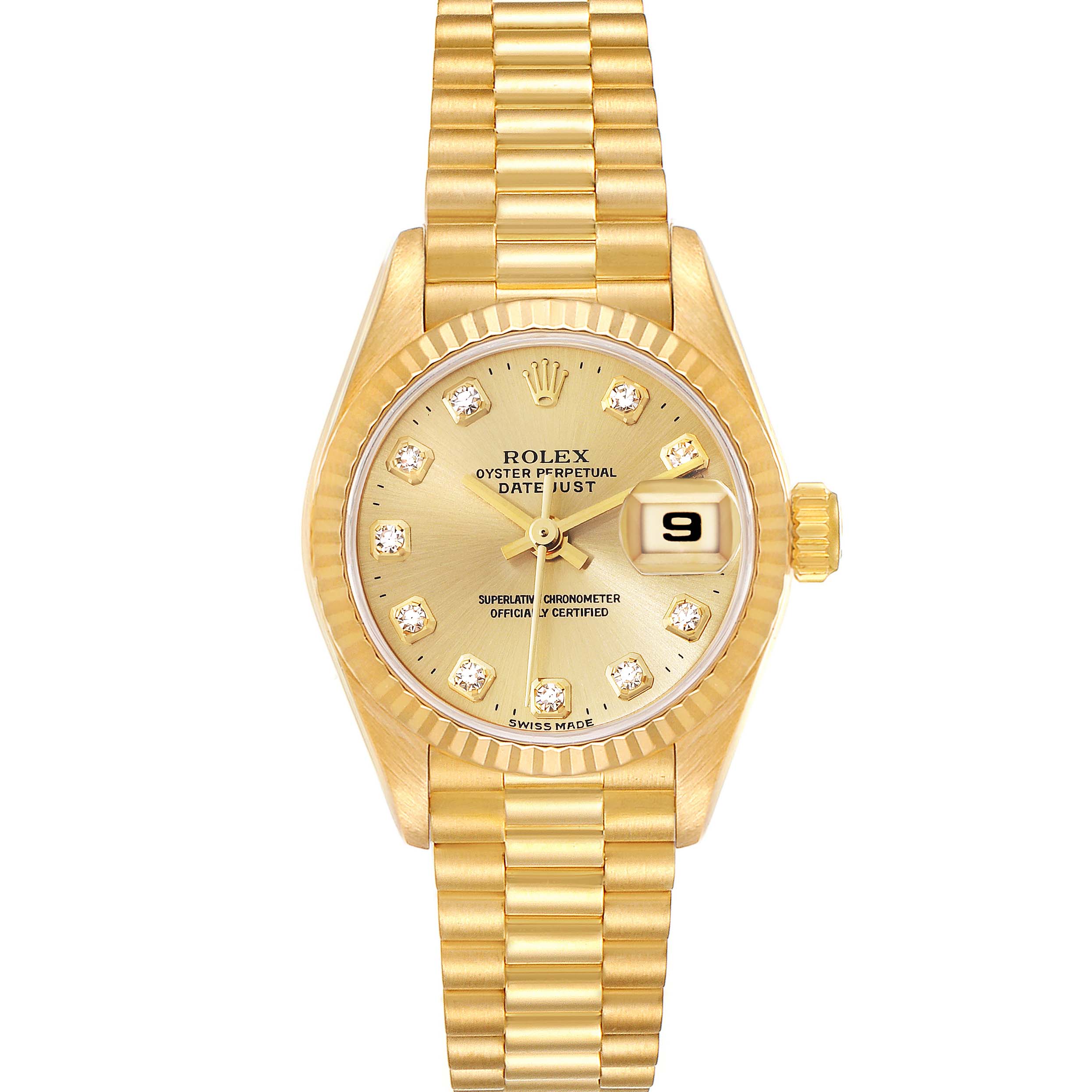 The image shows a frontal view of a Rolex President 69178 Women's Yellow Gold Champagne Dial 69178 Women's Yellow Gold Champagne Dial model watch, highlighting the dial, bezel, and bracelet.