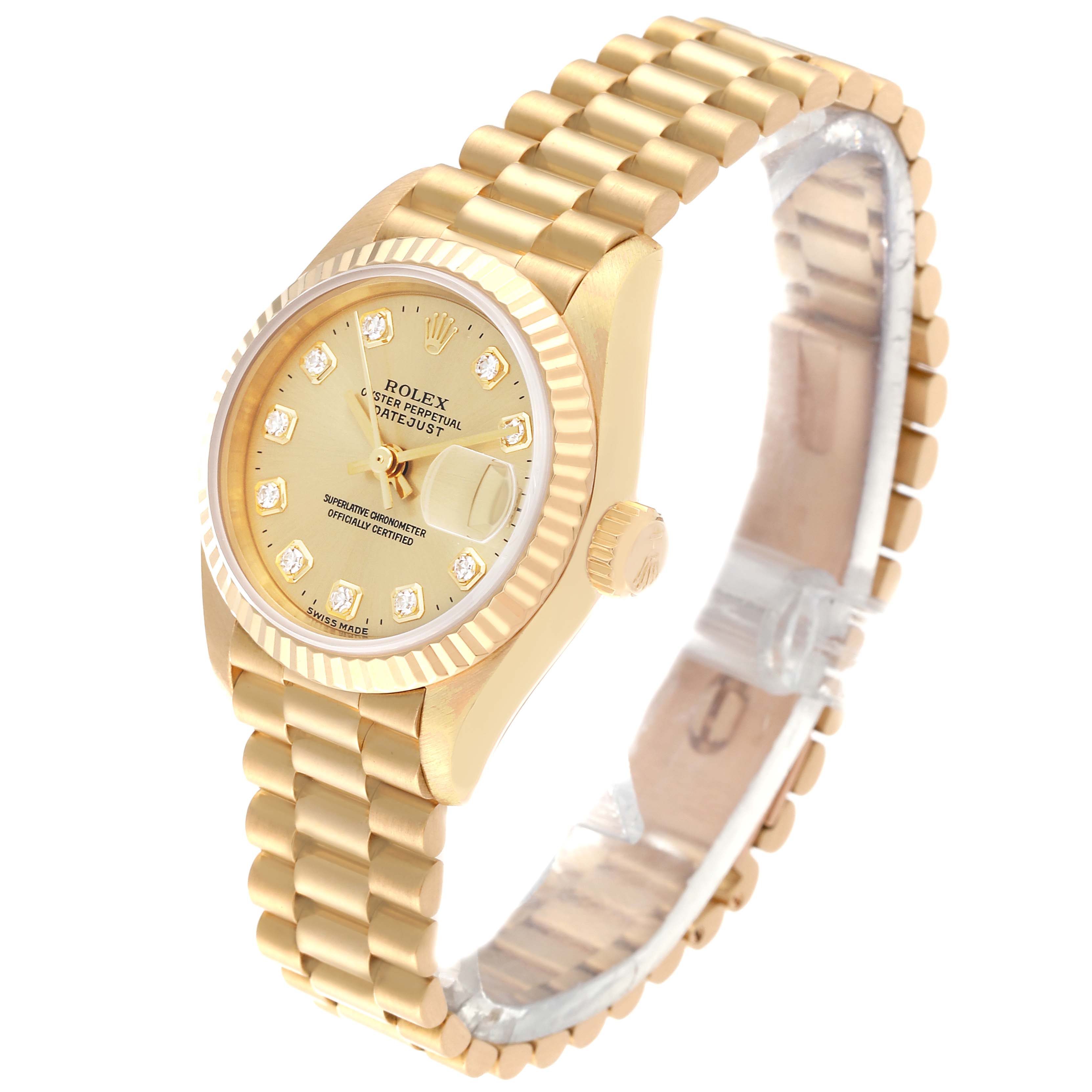The Rolex President 69178 Women's Yellow Gold Champagne Dial 69178 Women's Yellow Gold Champagne Dial model watch is shown at a slight angle, highlighting the dial, bezel, crown, and Presidential bracelet.