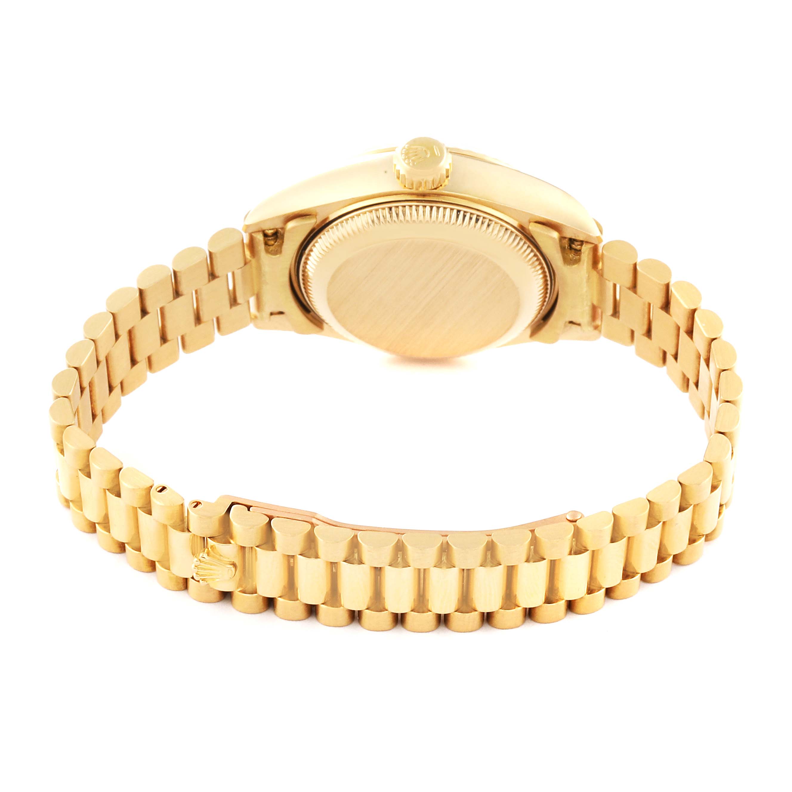 The image shows the back view of a Rolex President 69178 Women's Yellow Gold Champagne Dial 69178 Women's Yellow Gold Champagne Dial model watch, featuring its case back and distinctive bracelet.